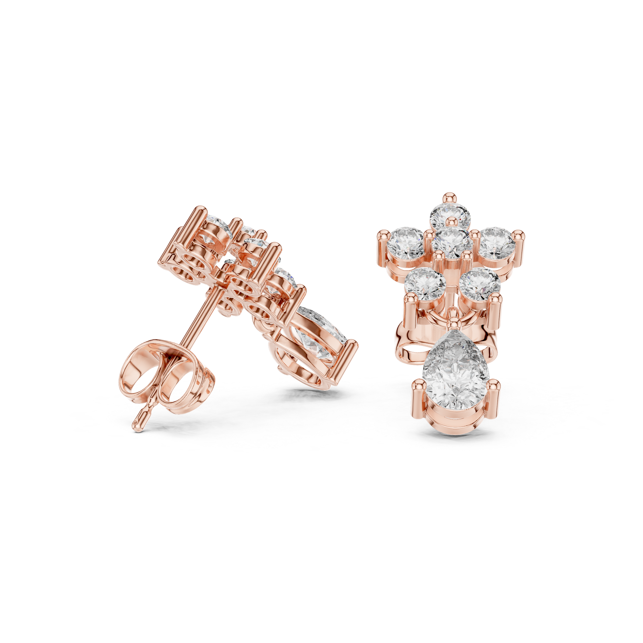 Rose Gold Multi-Stone Cluster Drop Diamond Stud Earrings