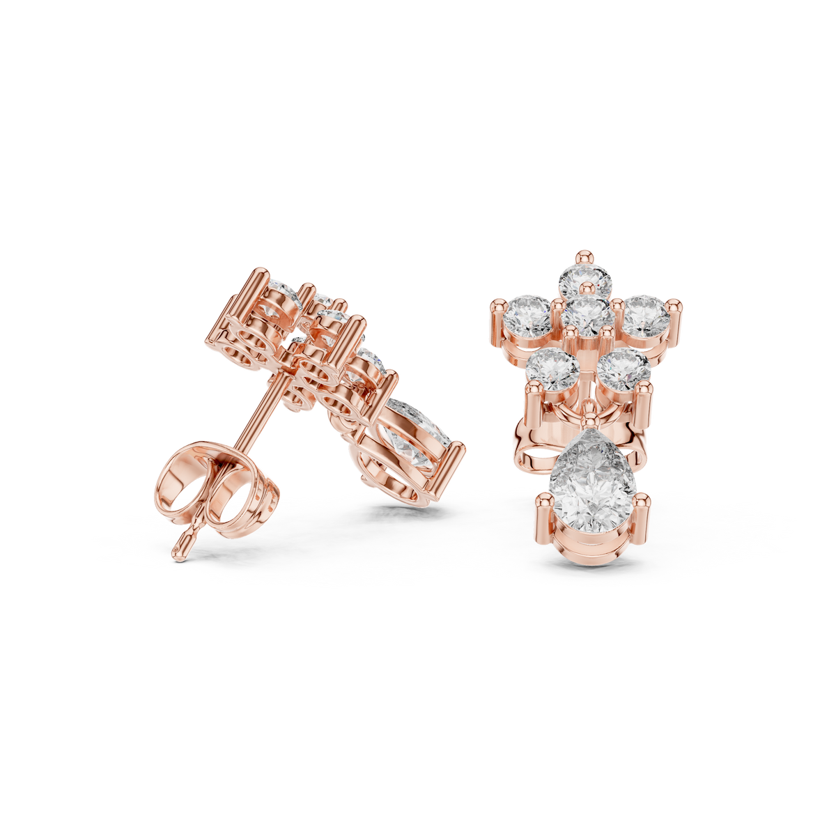 Rose Gold Multi-Stone Cluster Drop Diamond Stud Earrings