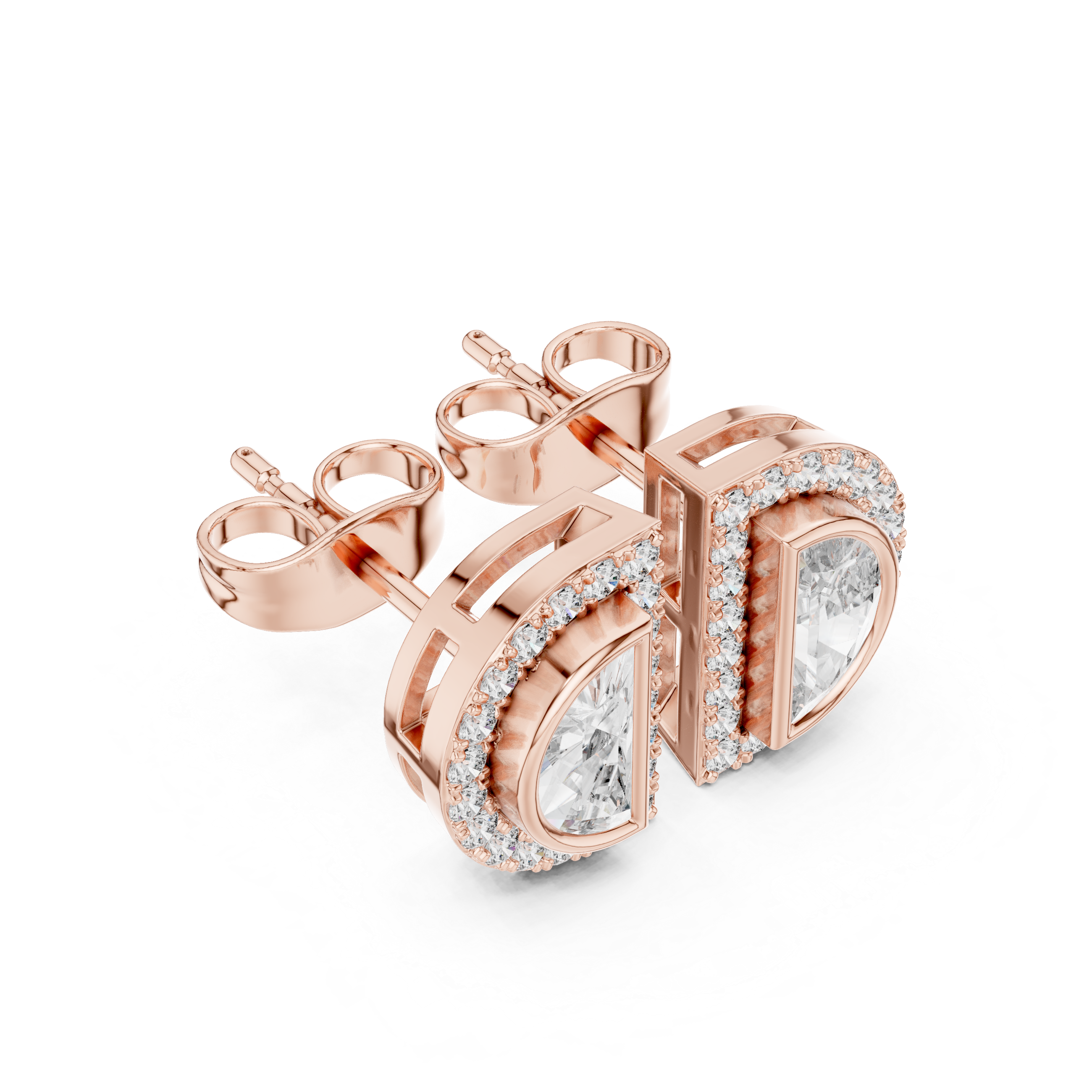 Rose Gold Half Moon Pear Cut Diamond Pave Halo Stud Earrings