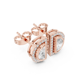 Rose Gold Half Moon Pear Cut Diamond Pave Halo Stud Earrings