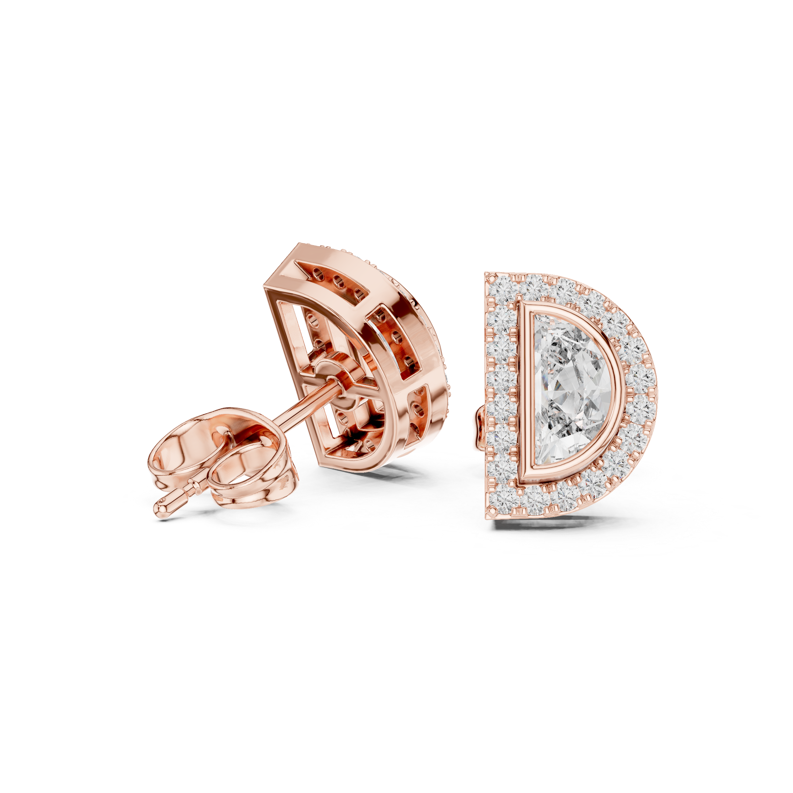 Rose Gold Half Moon Pear Cut Diamond Pave Halo Stud Earrings