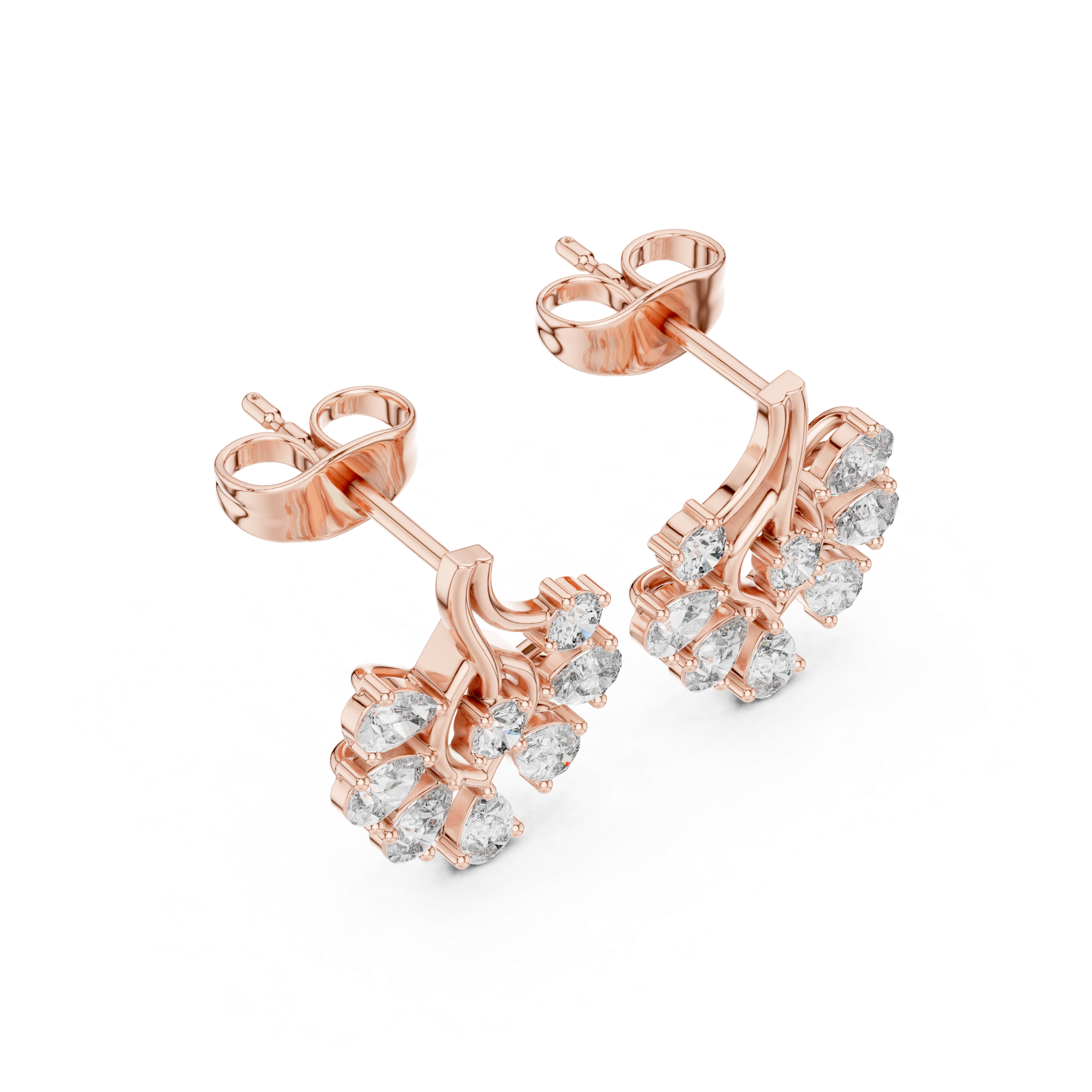 Rose Gold Pear & Round Diamond Cluster Branch Stud Earrings
