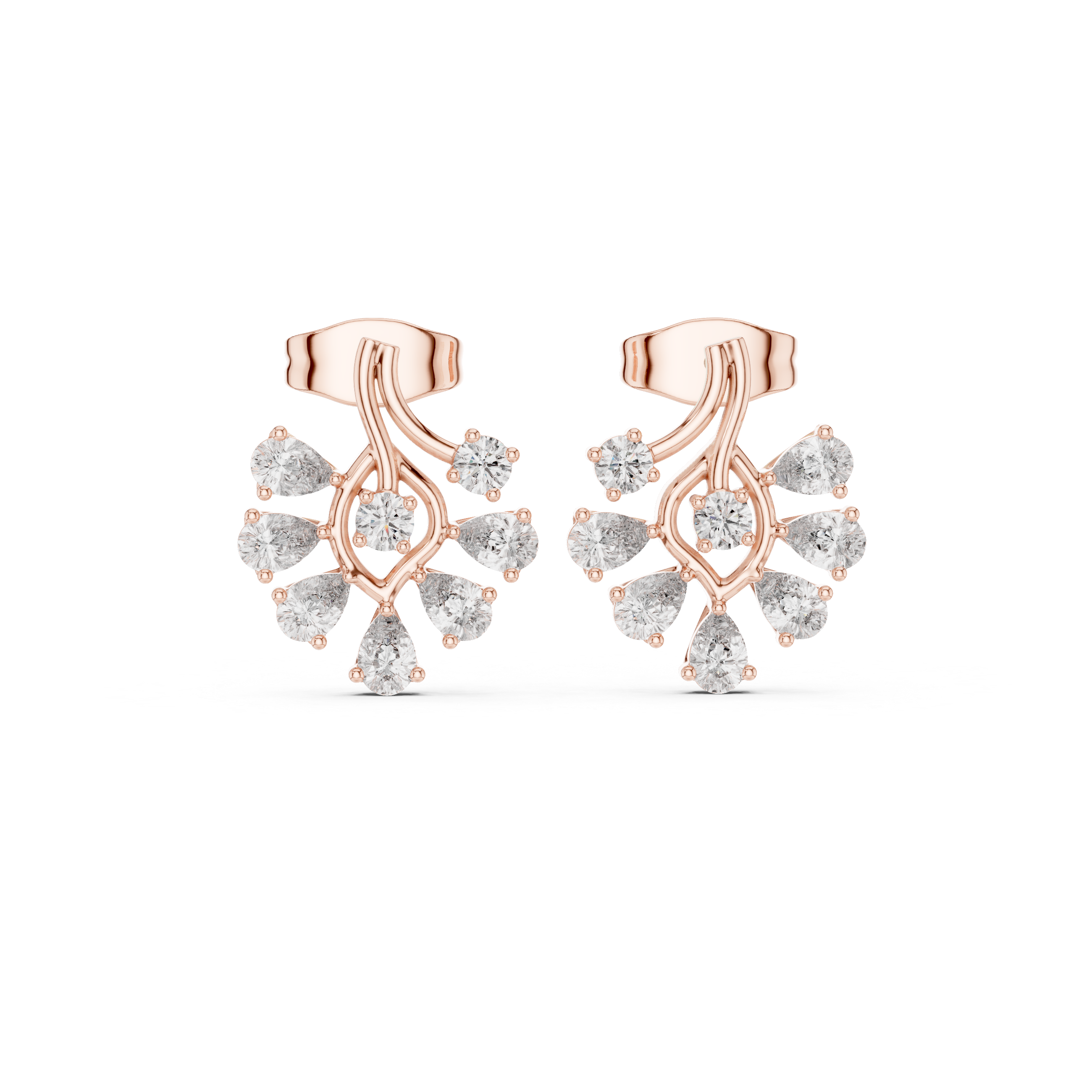 Rose Gold Pear & Round Diamond Cluster Branch Stud Earrings