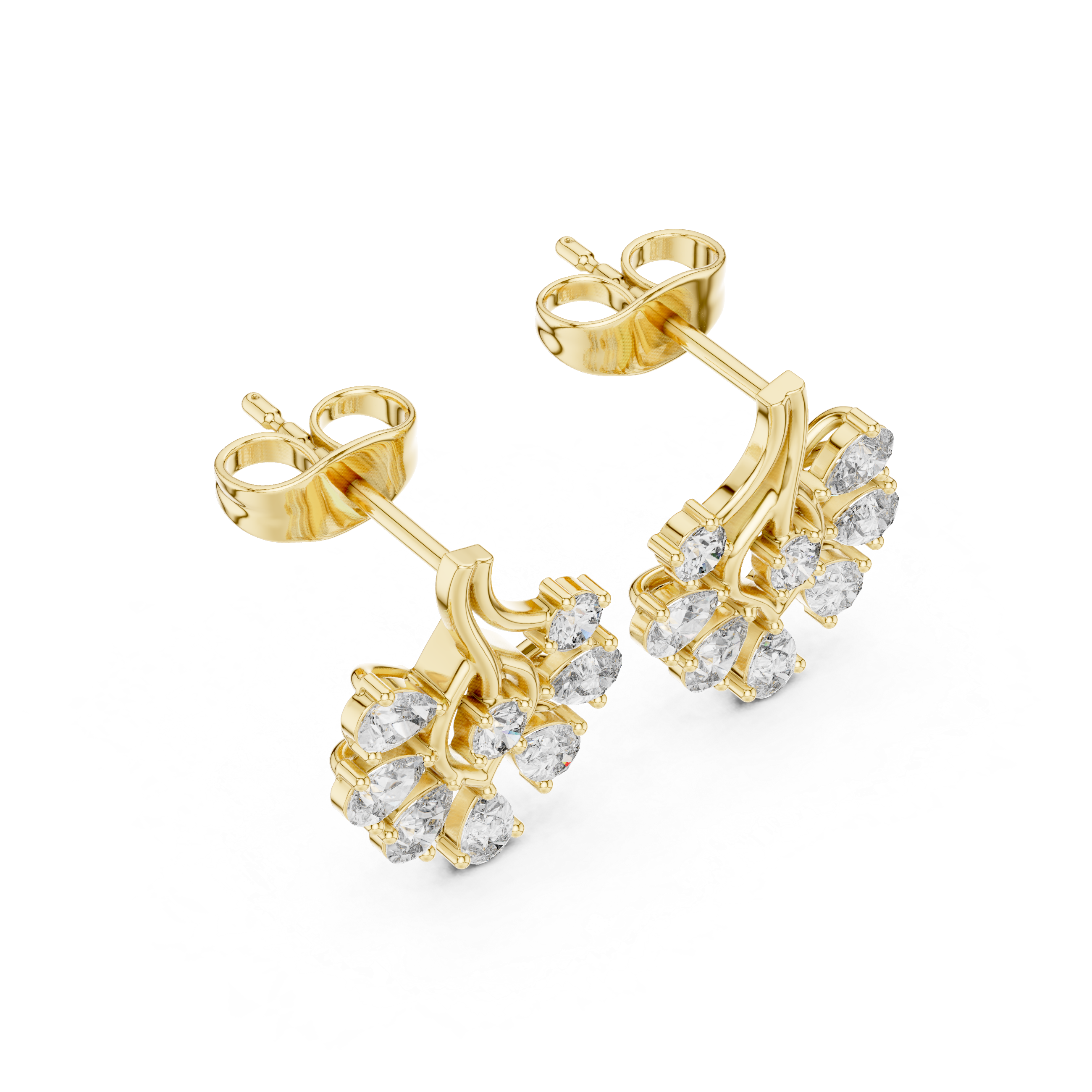 Rose Gold Pear & Round Diamond Cluster Branch Stud Earrings