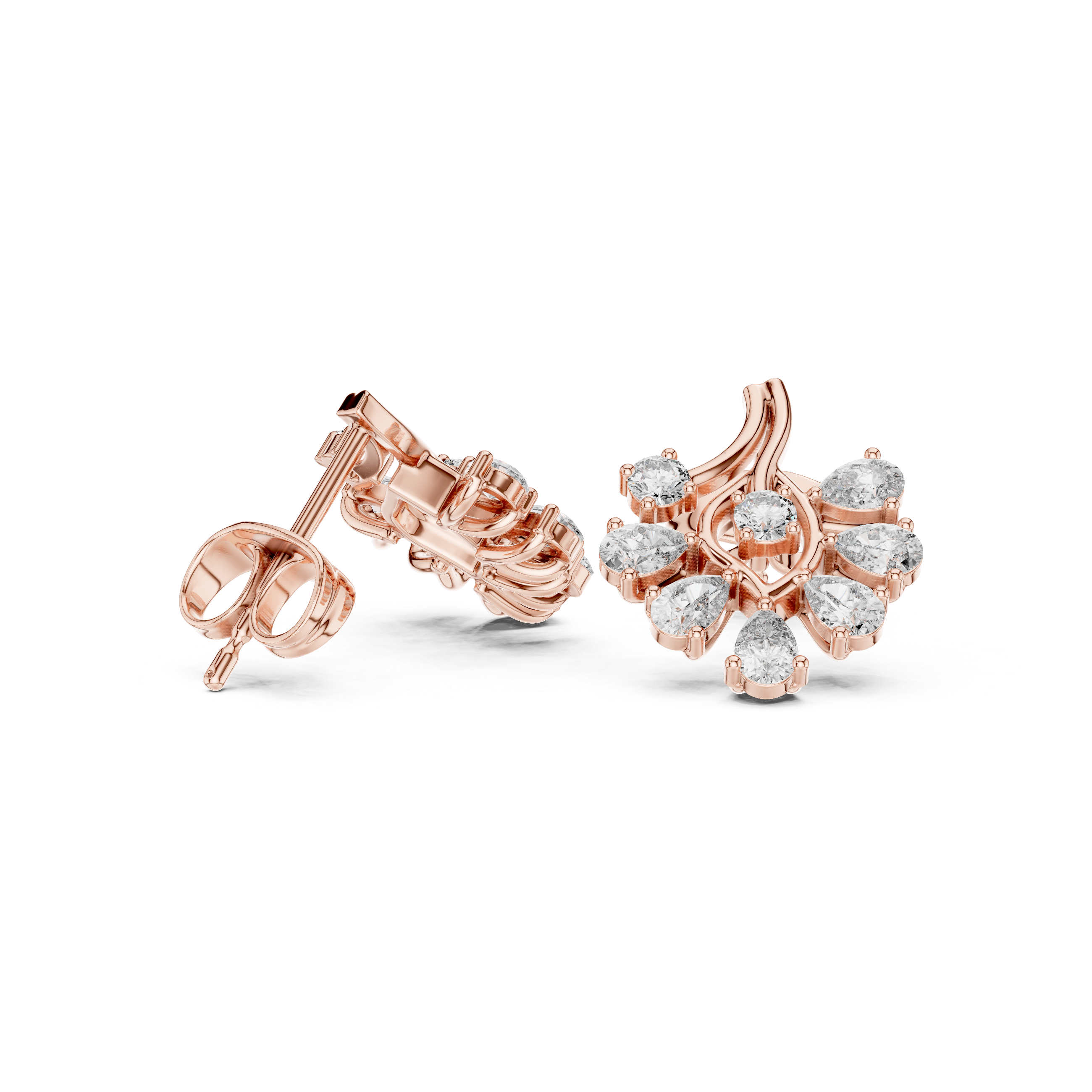 Rose Gold Pear & Round Diamond Cluster Branch Stud Earrings