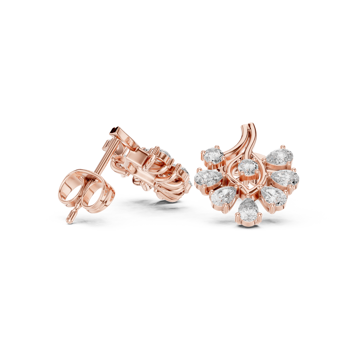 Rose Gold Pear & Round Diamond Cluster Branch Stud Earrings