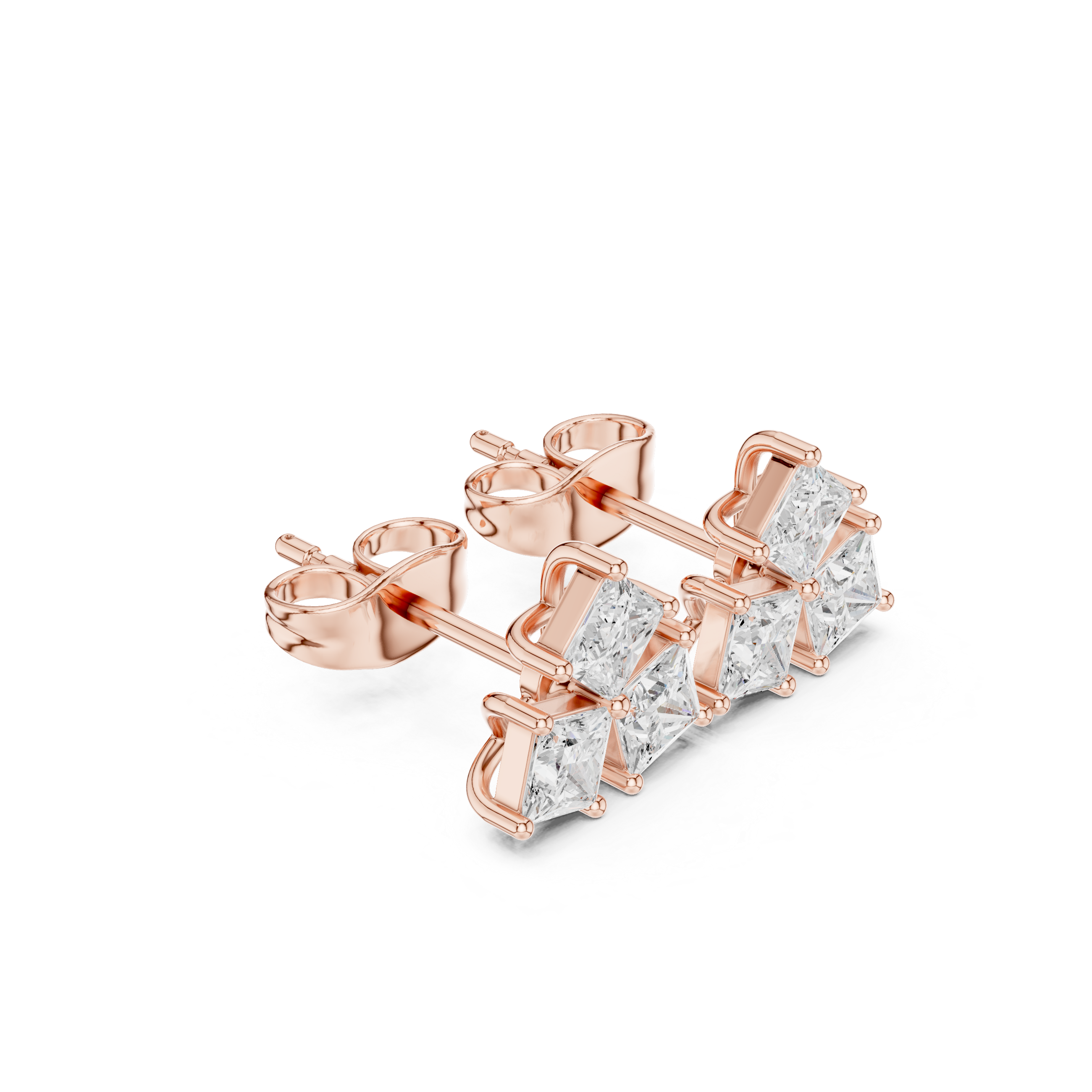 Rose Gold Princess Cut Diamond Curved Cluster Stud Earrings