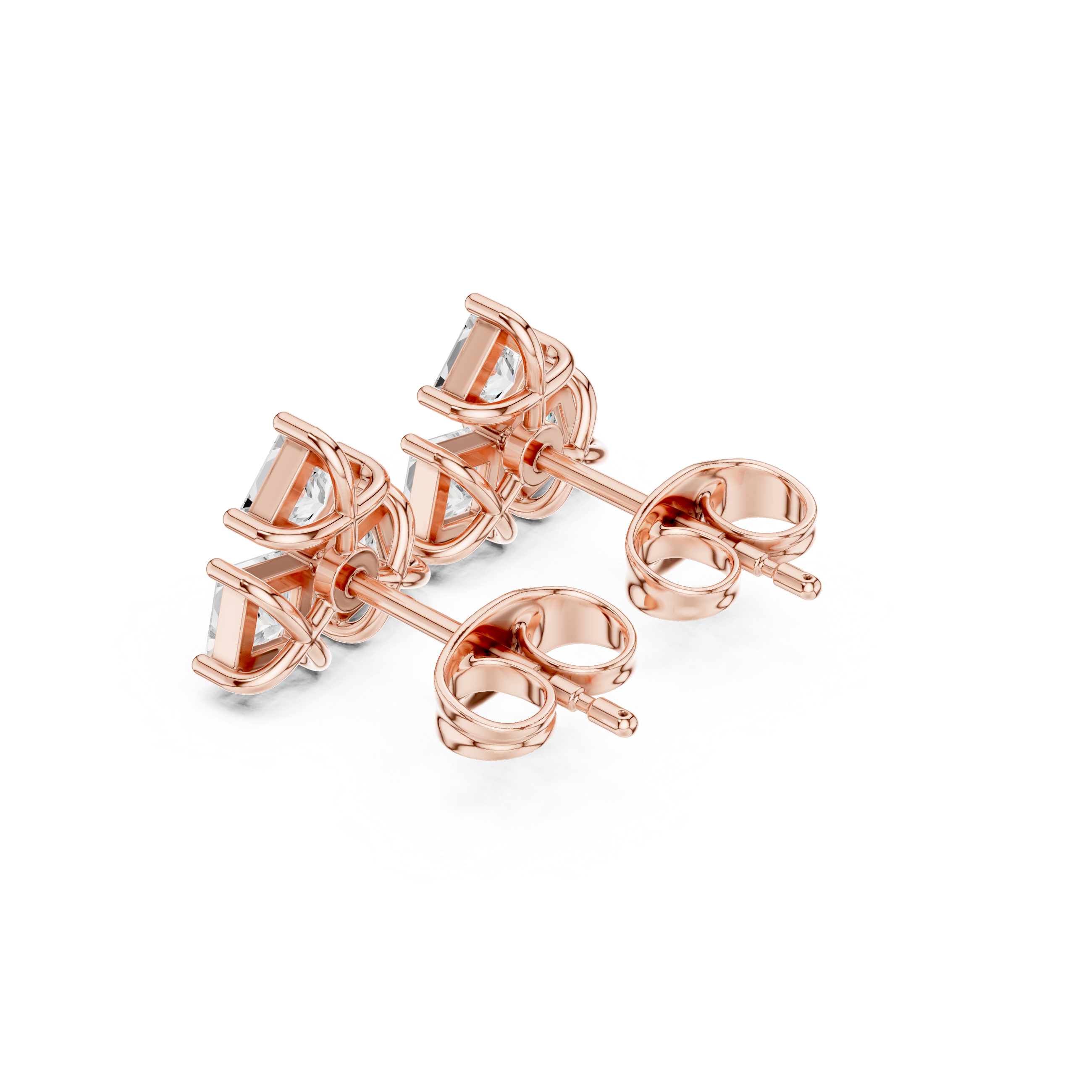 Rose Gold Princess Cut Diamond Curved Cluster Stud Earrings