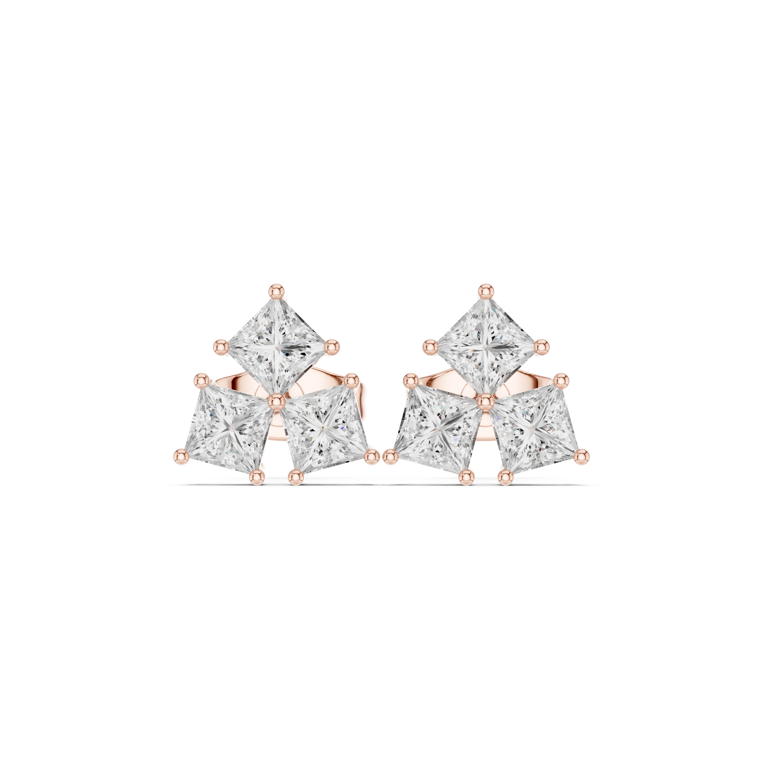 Rose Gold Princess Cut Diamond Curved Cluster Stud Earrings