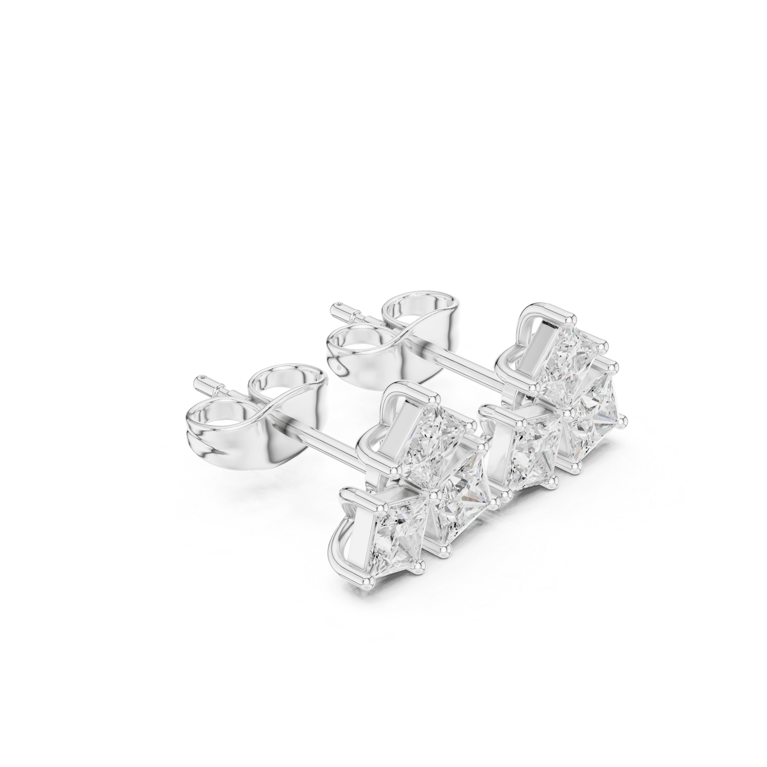 Rose Gold Princess Cut Diamond Curved Cluster Stud Earrings