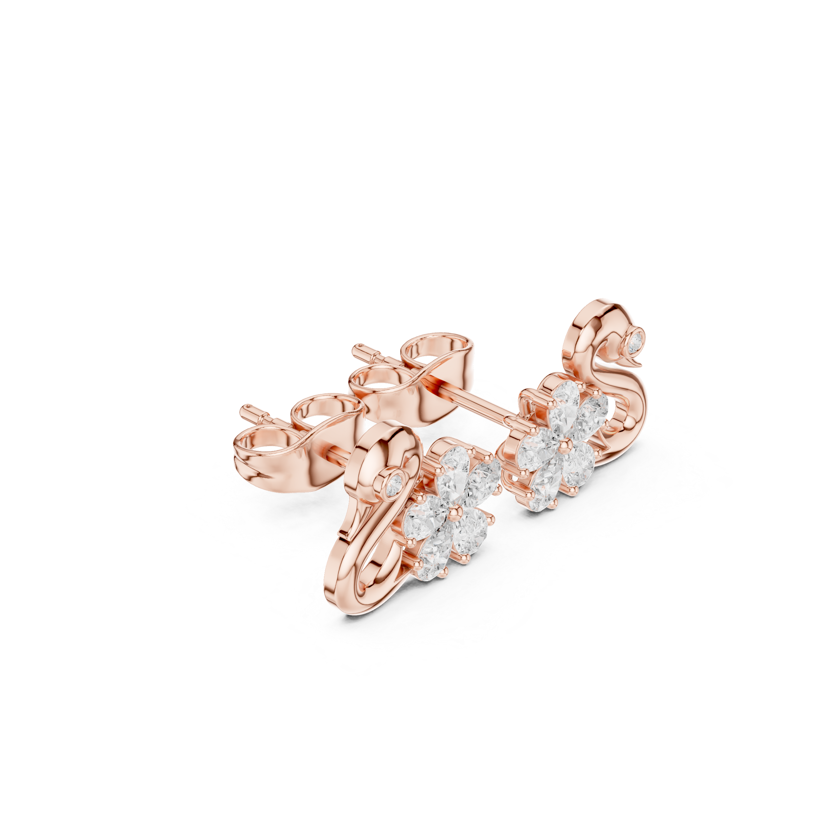 Rose Gold Swan Motif Floral Cluster Diamond Stud Earrings