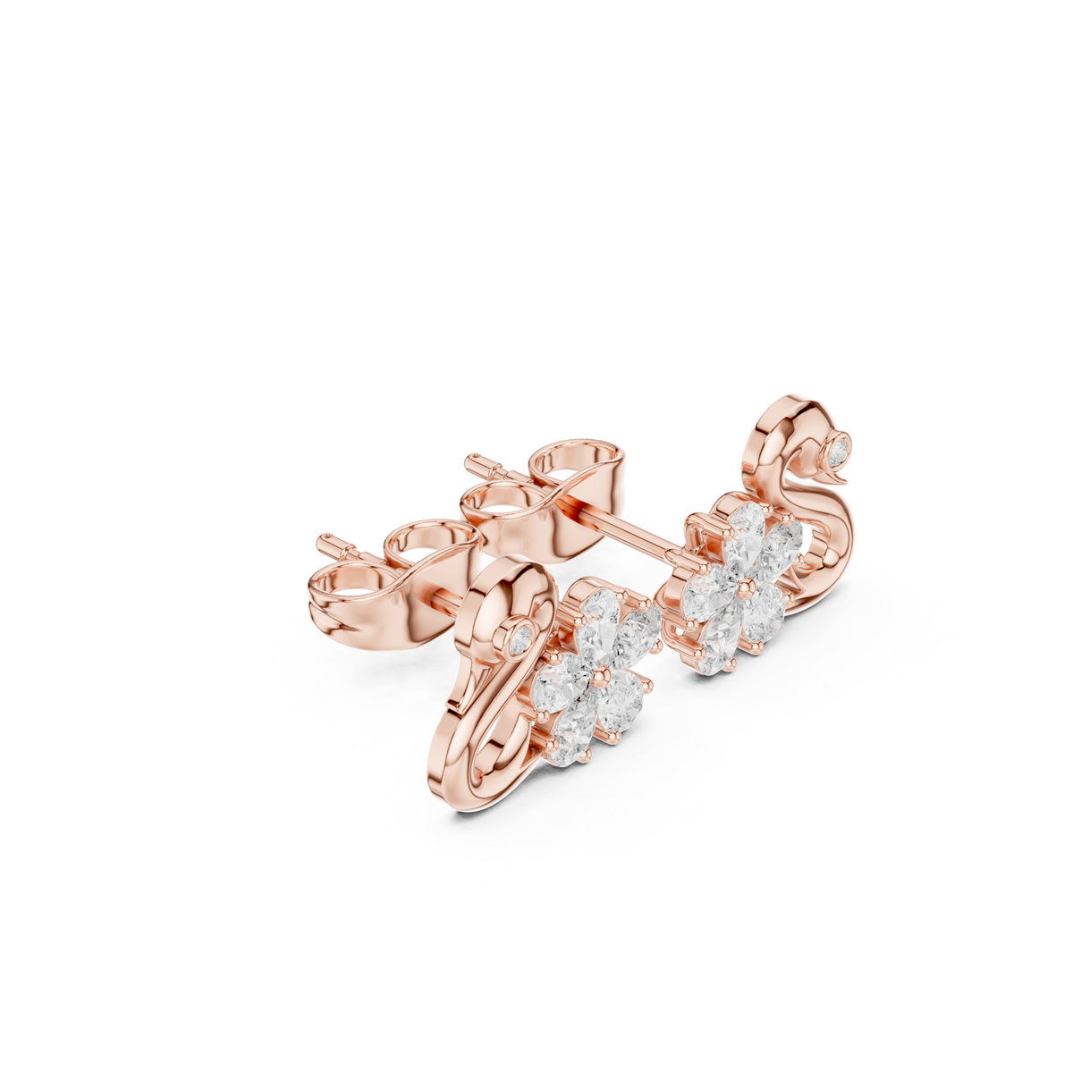 Rose Gold Swan Motif Floral Cluster Diamond Stud Earrings