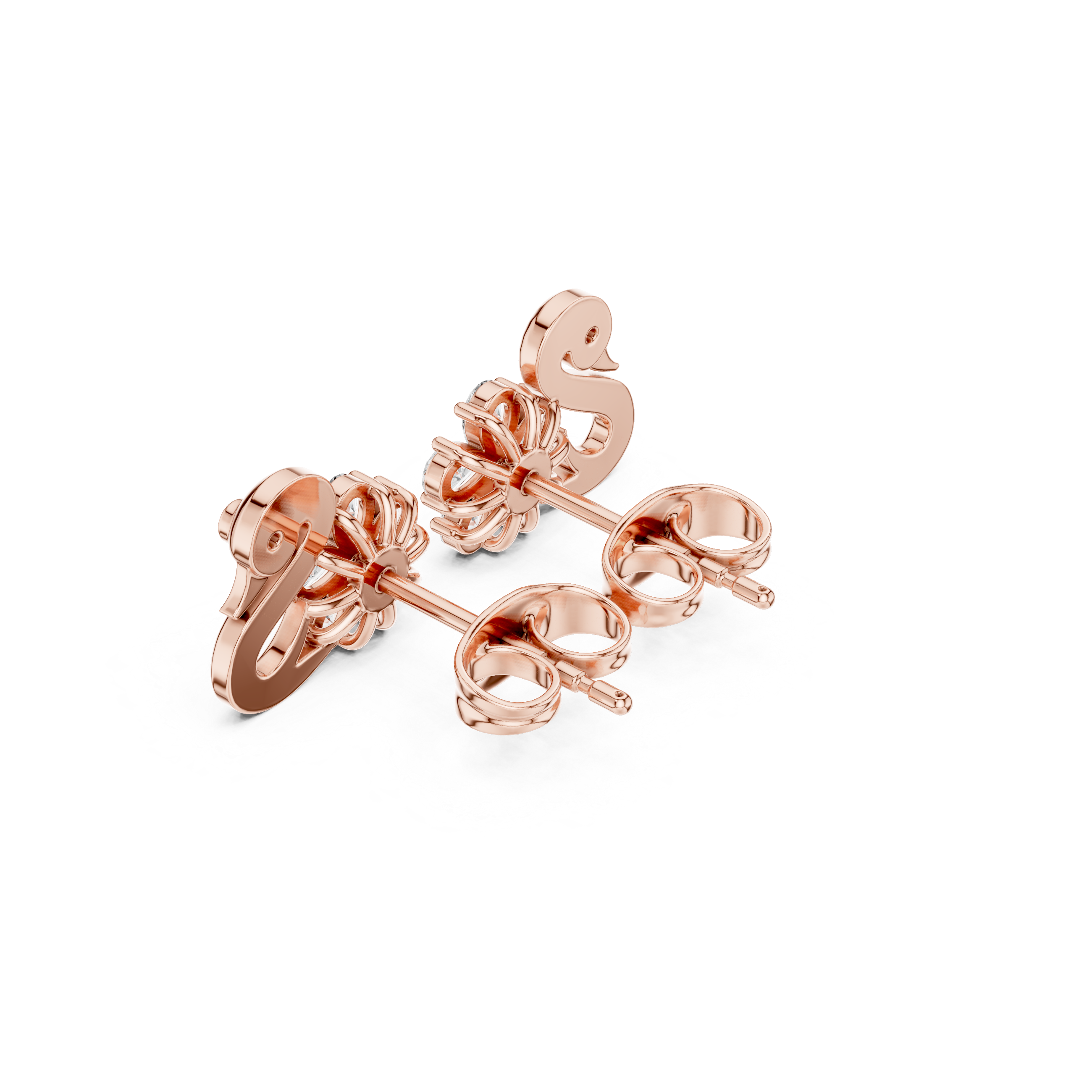 Rose Gold Swan Motif Floral Cluster Diamond Stud Earrings
