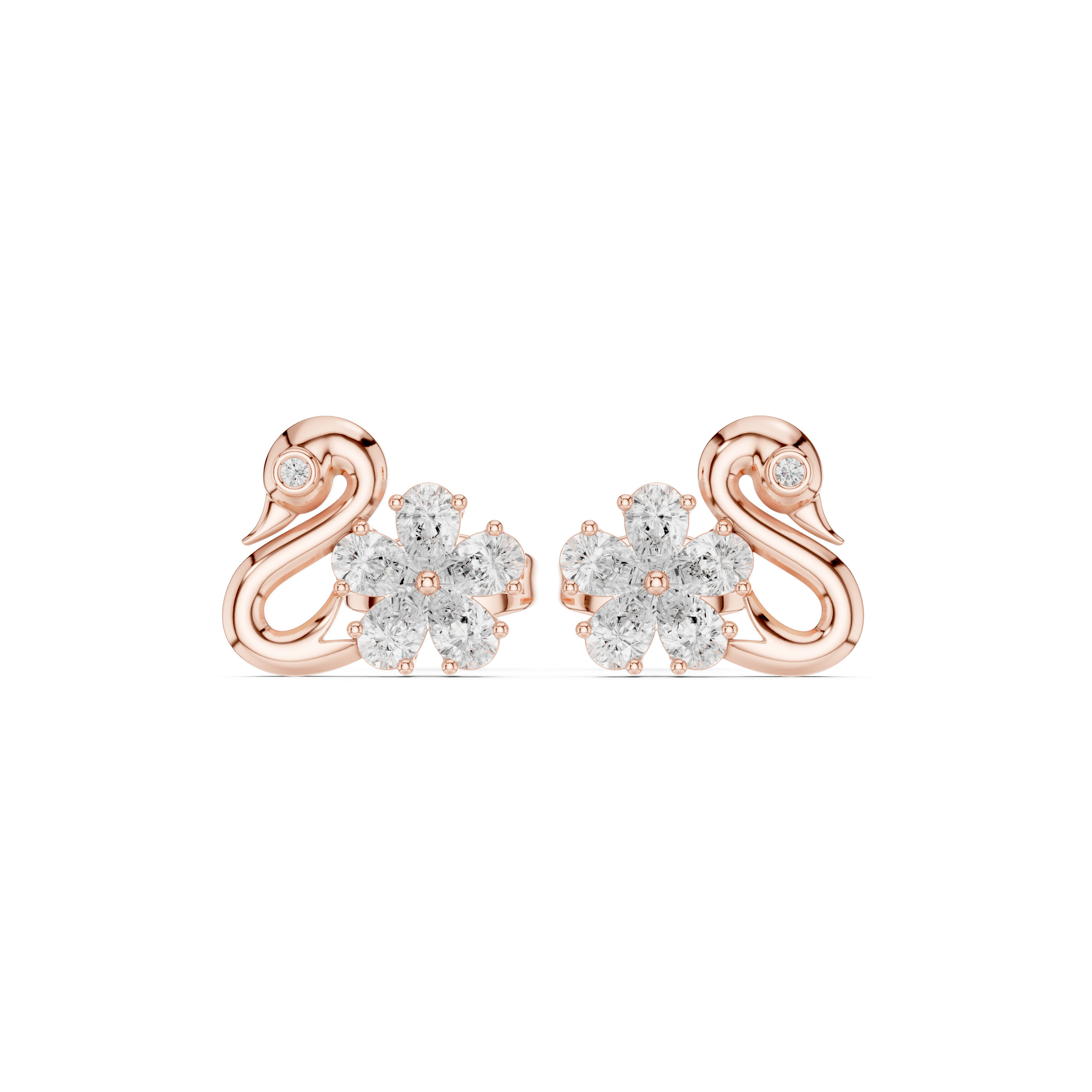 Rose Gold Swan Motif Floral Cluster Diamond Stud Earrings