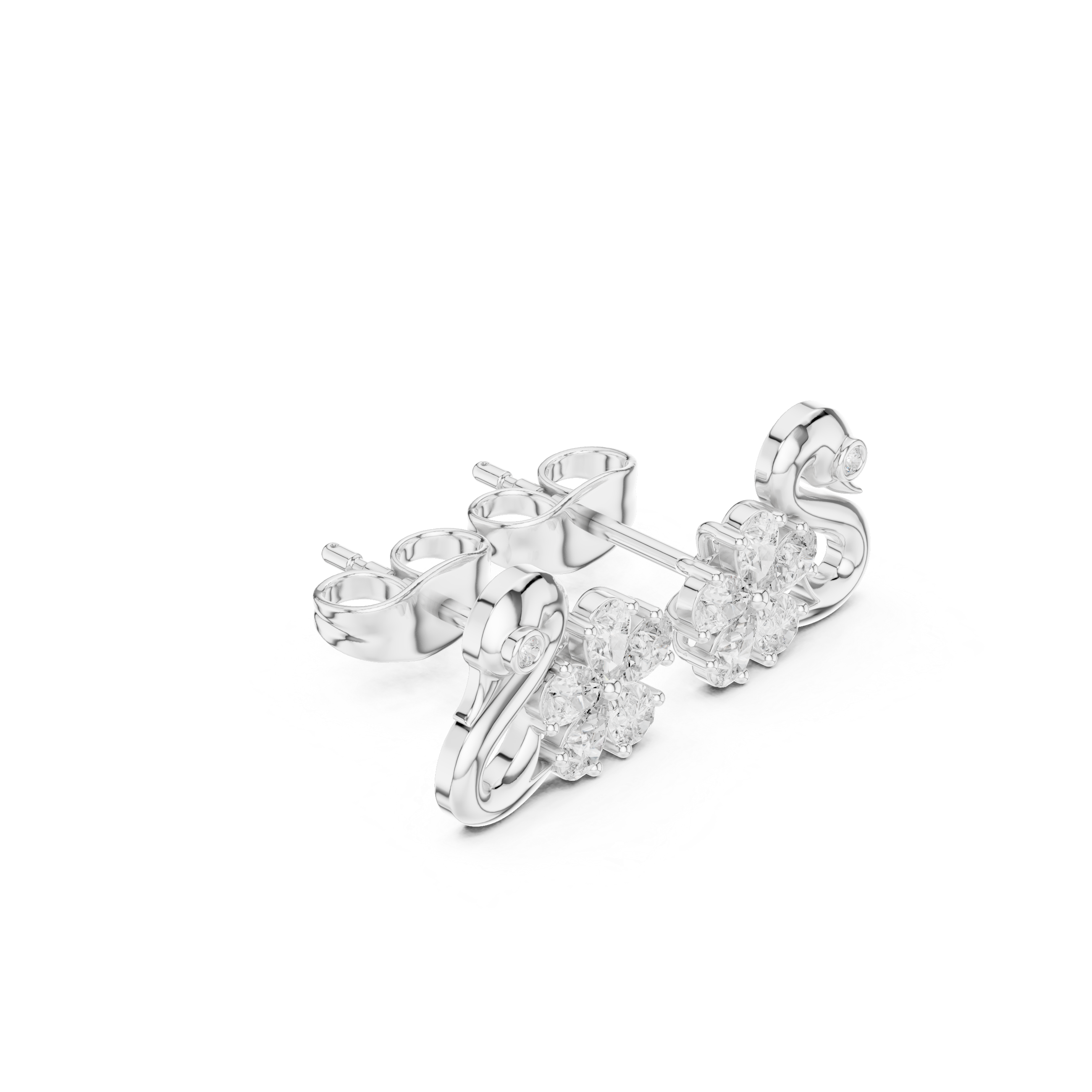 Rose Gold Swan Motif Floral Cluster Diamond Stud Earrings