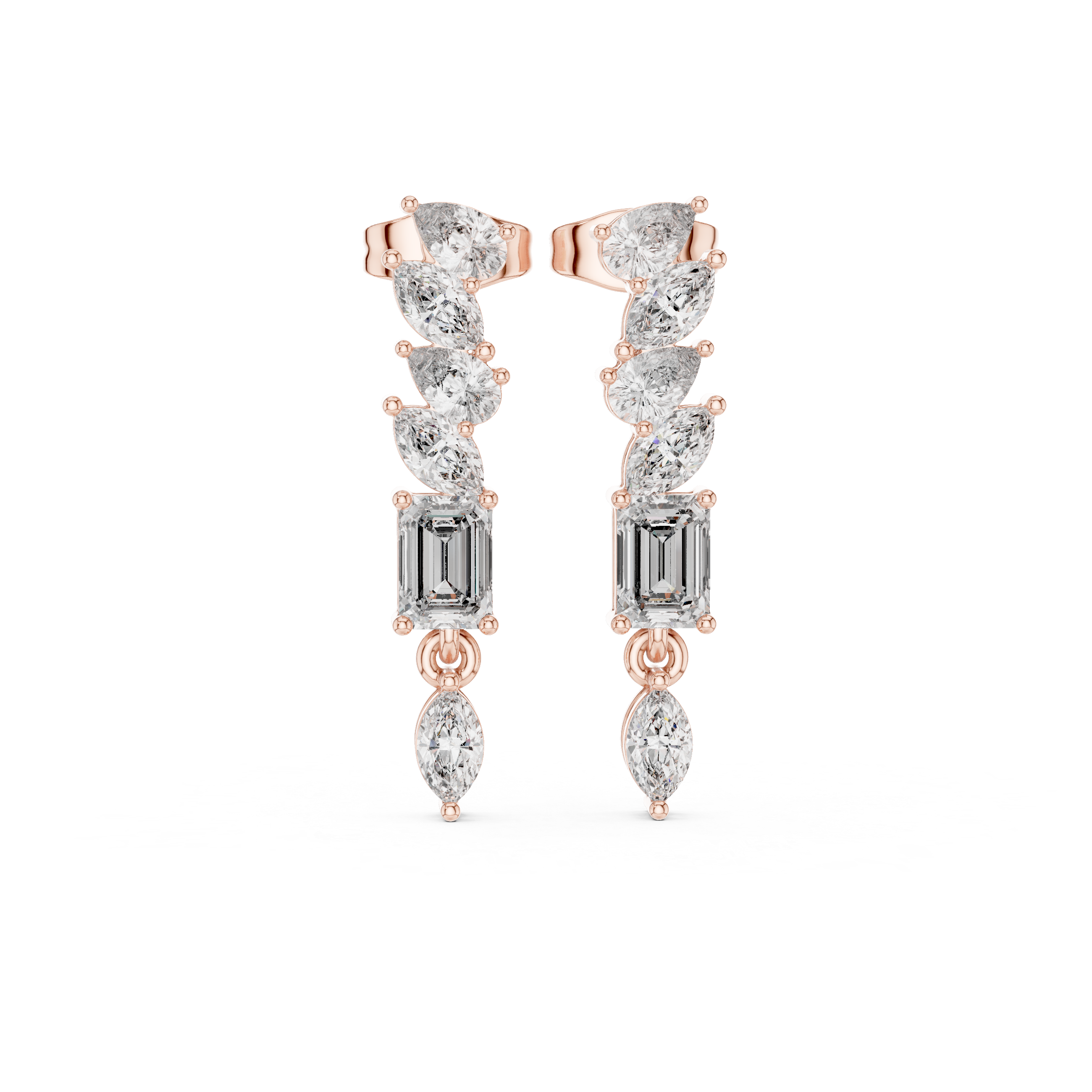 Rose Gold Multi-Shape Linear Diamond Ear Climber Stud Earrings