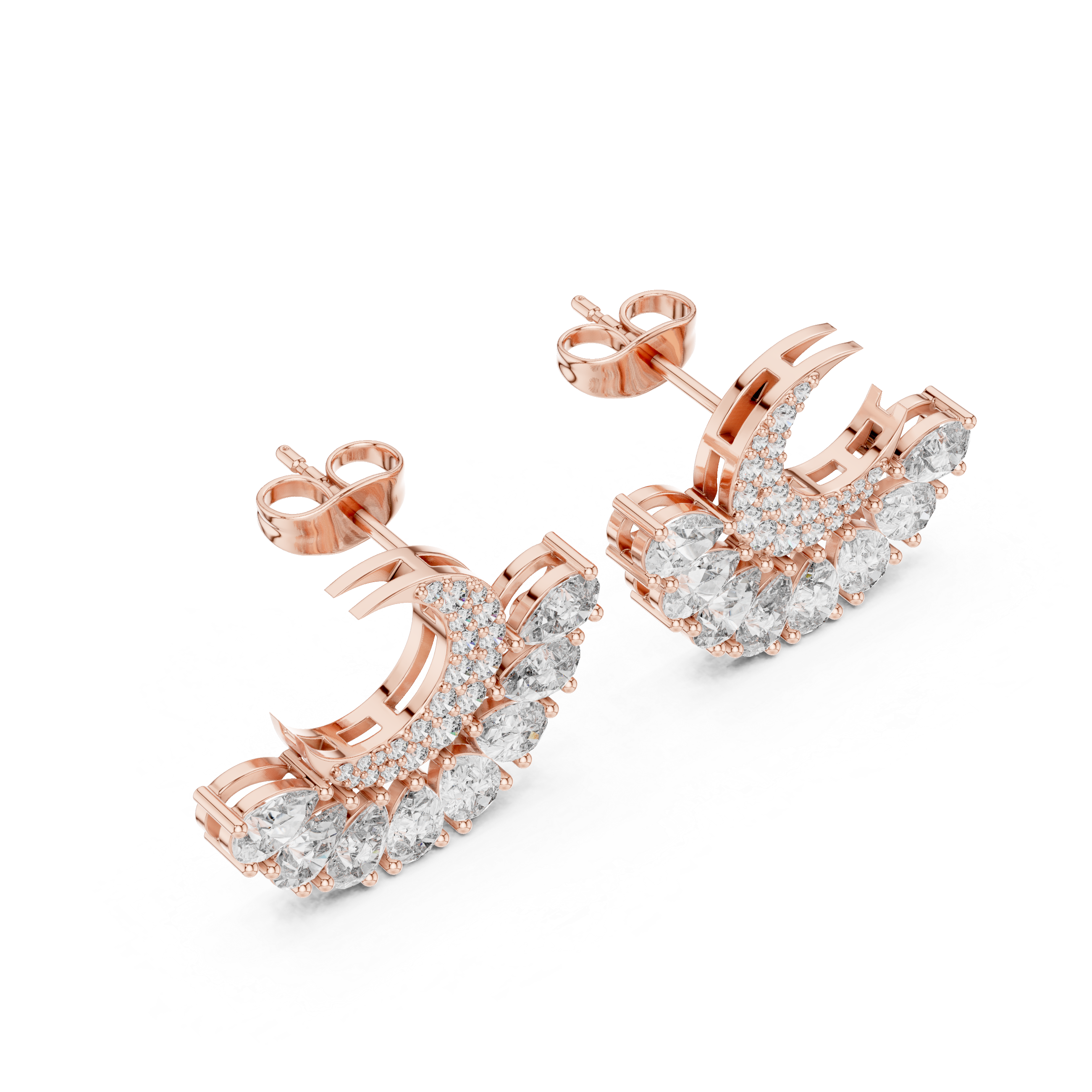 Rose Gold Crescent Moon Pear Diamond Cluster Stud Earrings