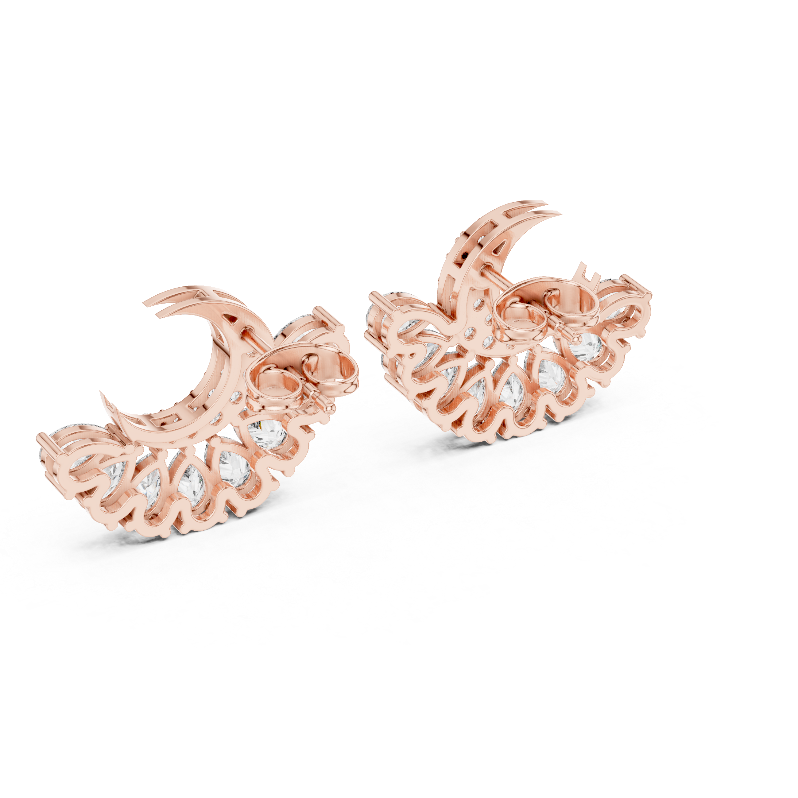 Rose Gold Crescent Moon Pear Diamond Cluster Stud Earrings