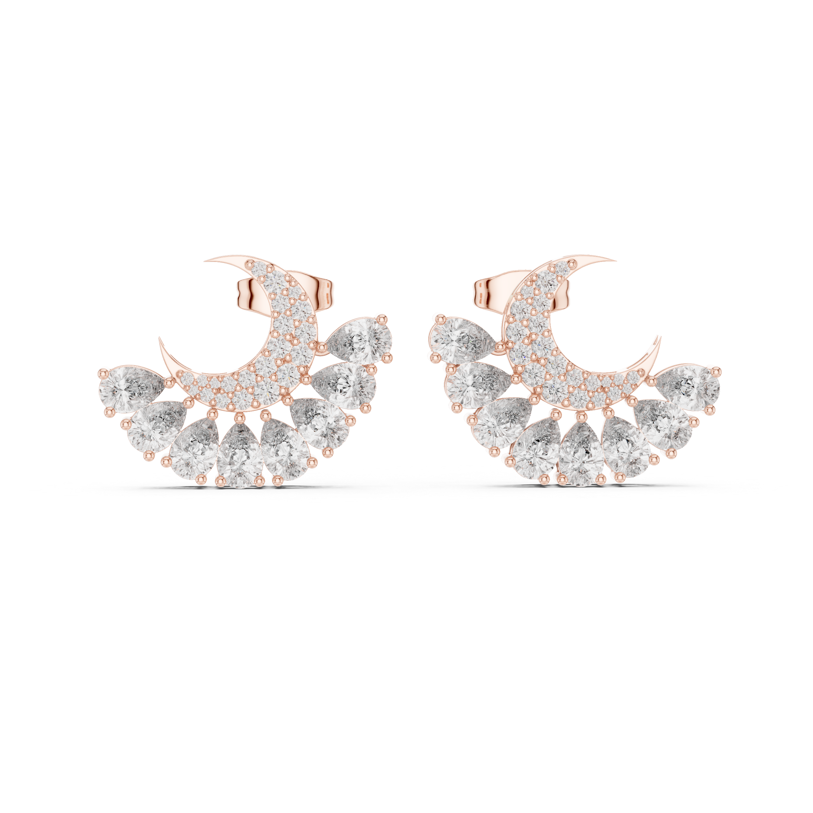 Rose Gold Crescent Moon Pear Diamond Cluster Stud Earrings
