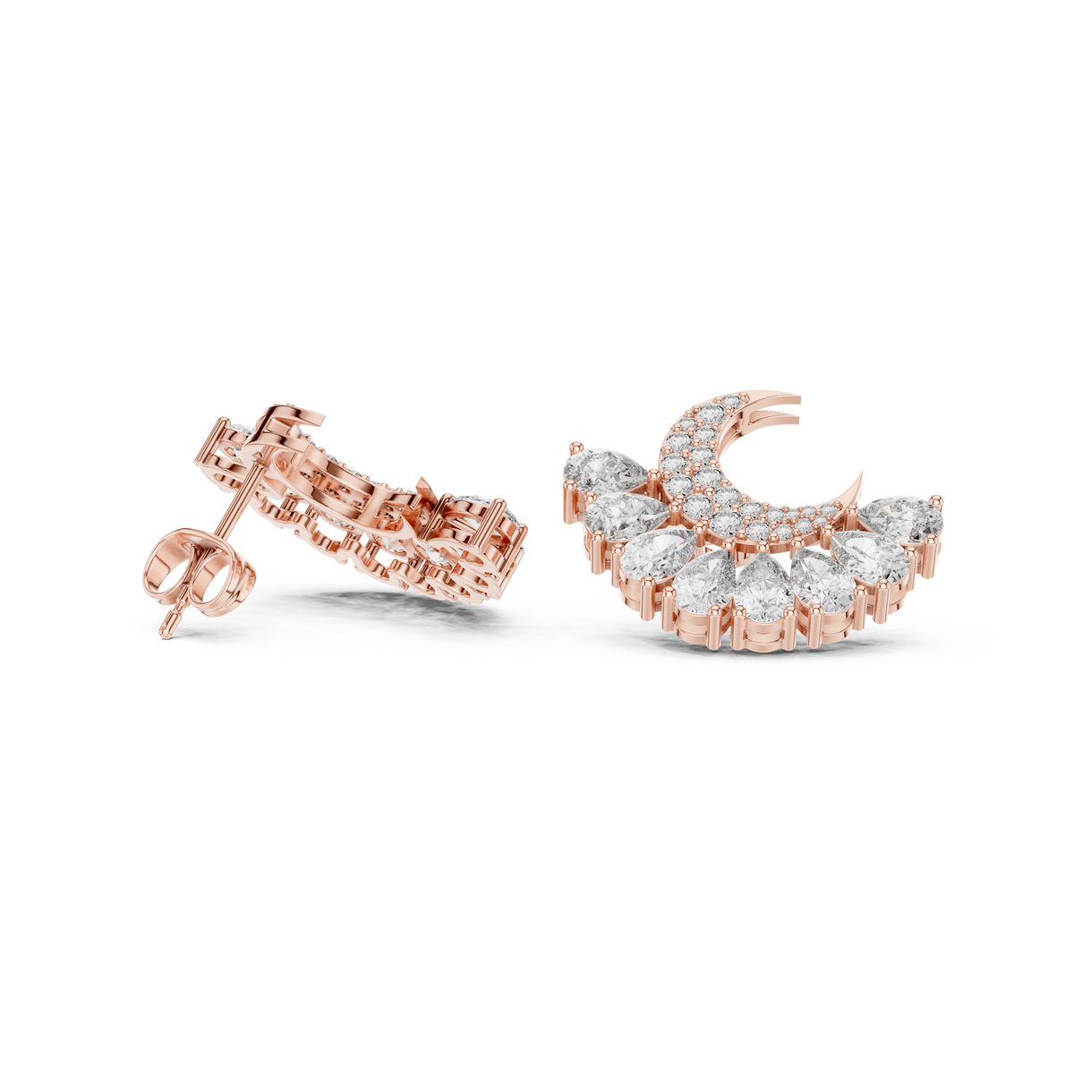 Rose Gold Crescent Moon Pear Diamond Cluster Stud Earrings