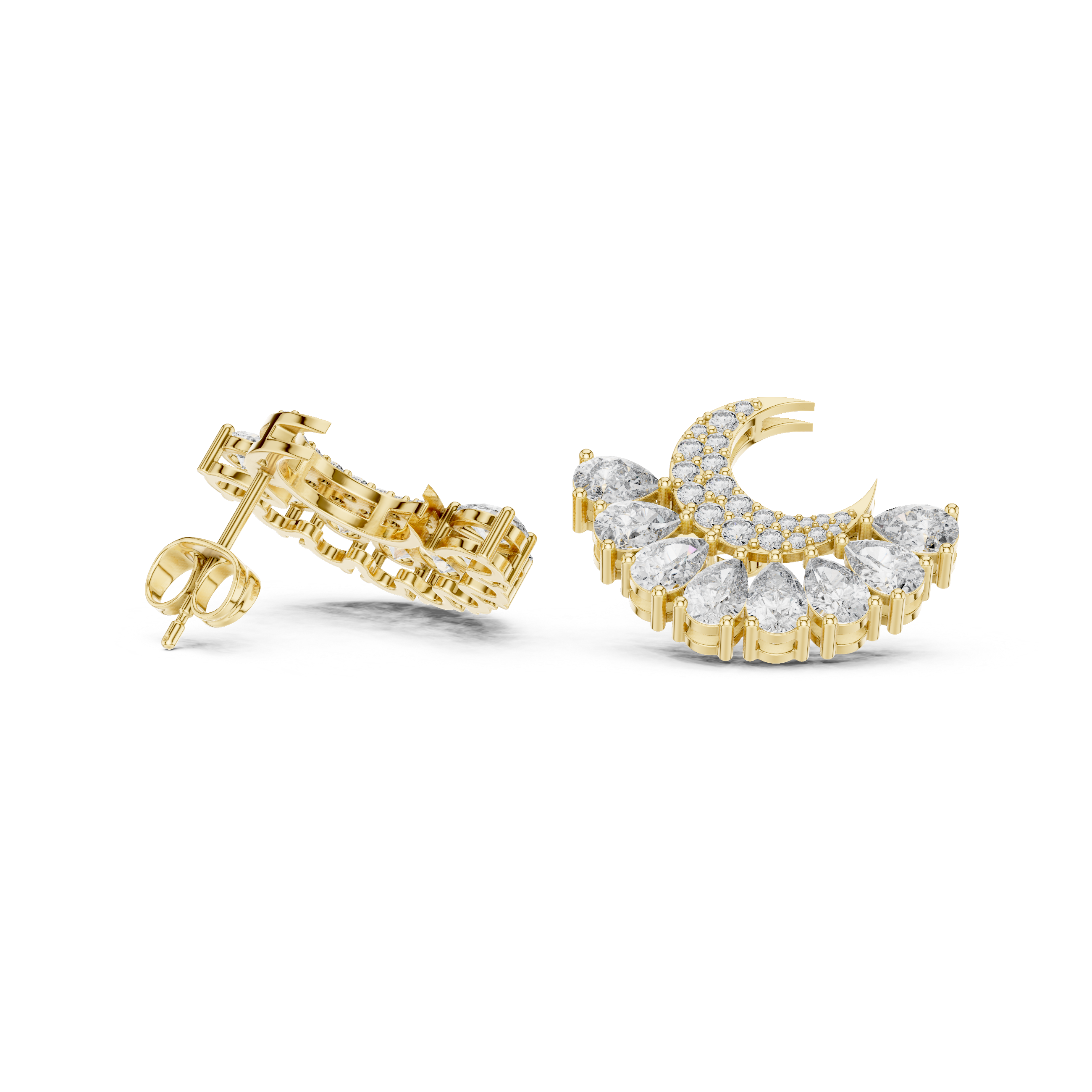 Rose Gold Crescent Moon Pear Diamond Cluster Stud Earrings