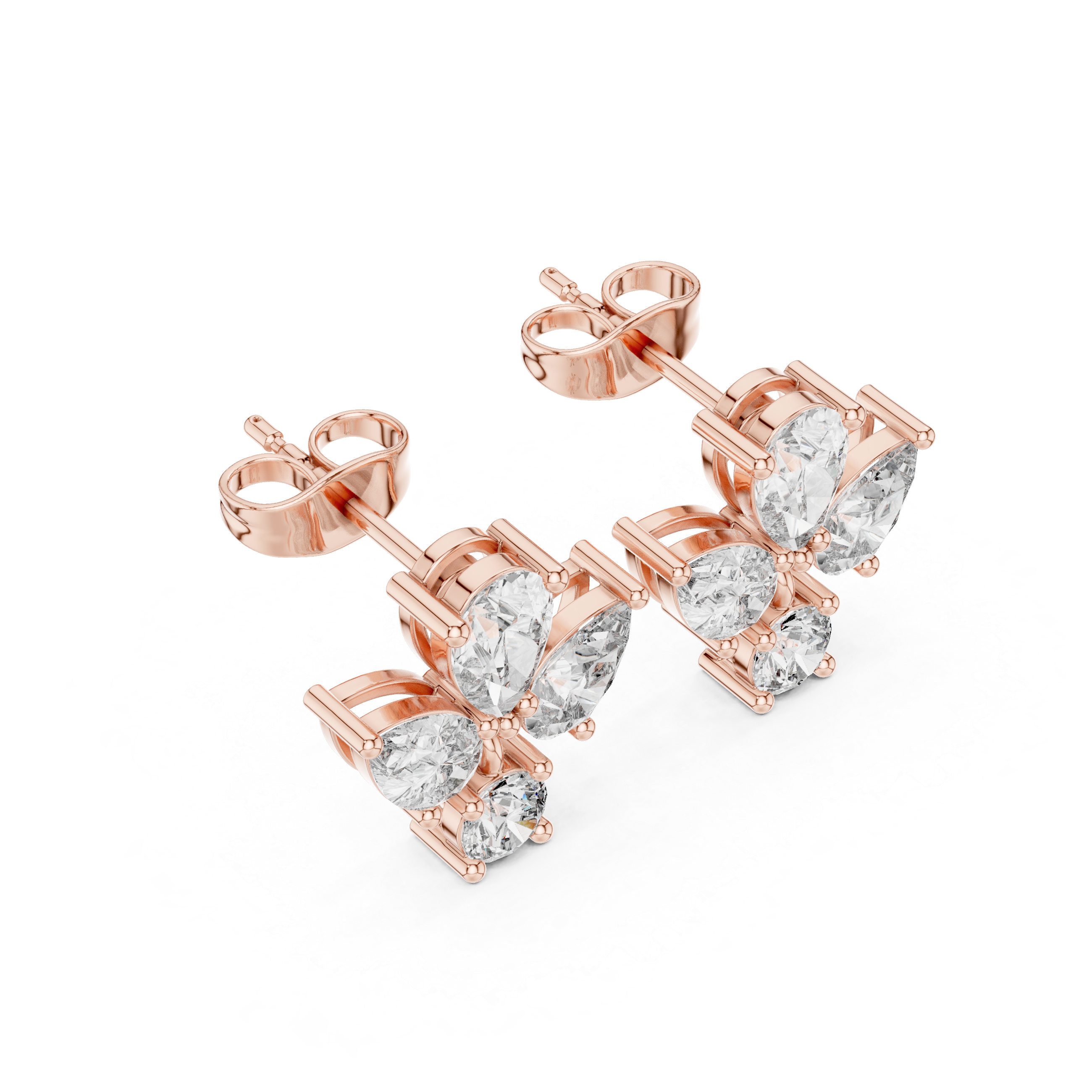 Rose Gold Butterfly Pear Diamond Cluster Stud Earrings