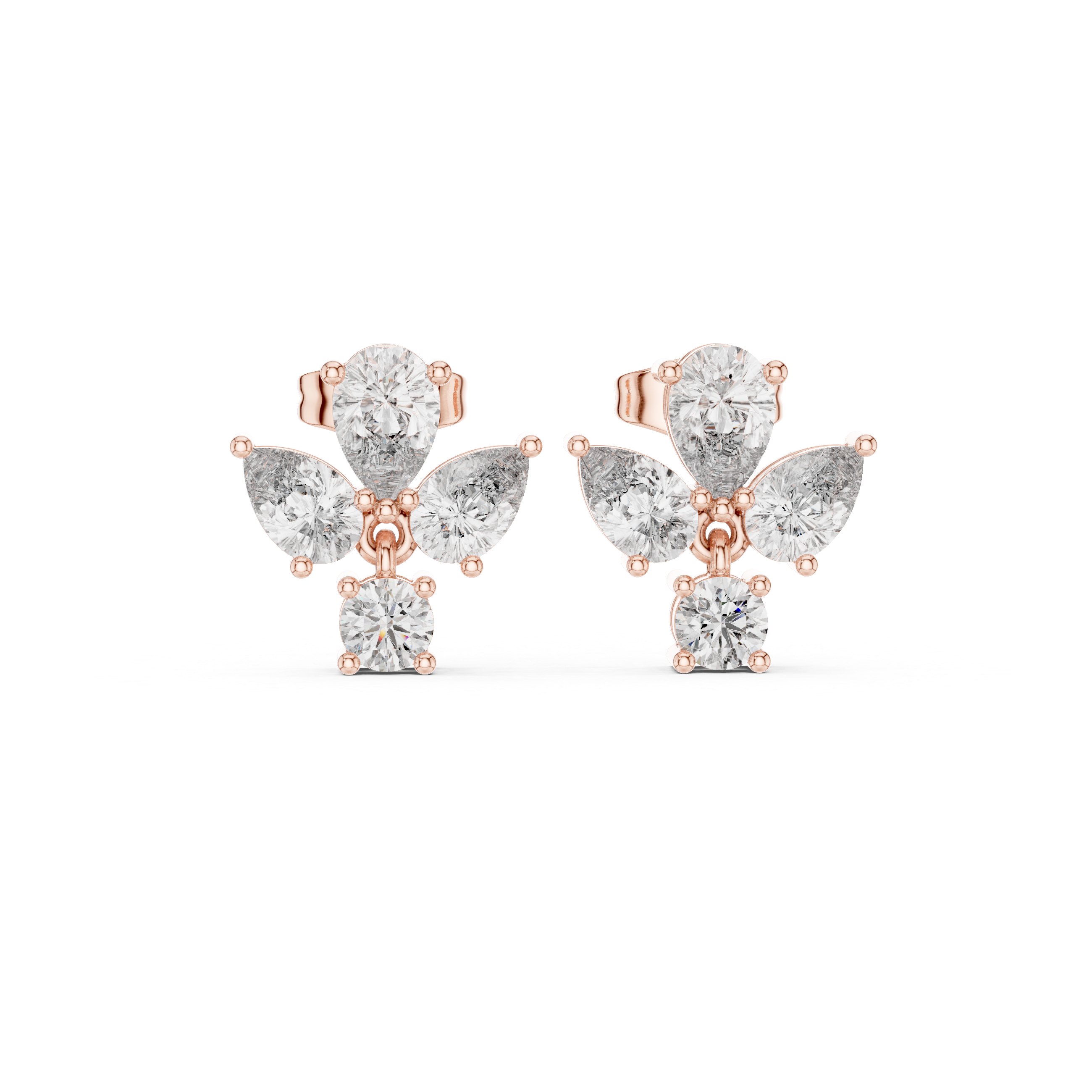 Rose Gold Butterfly Pear Diamond Cluster Stud Earrings