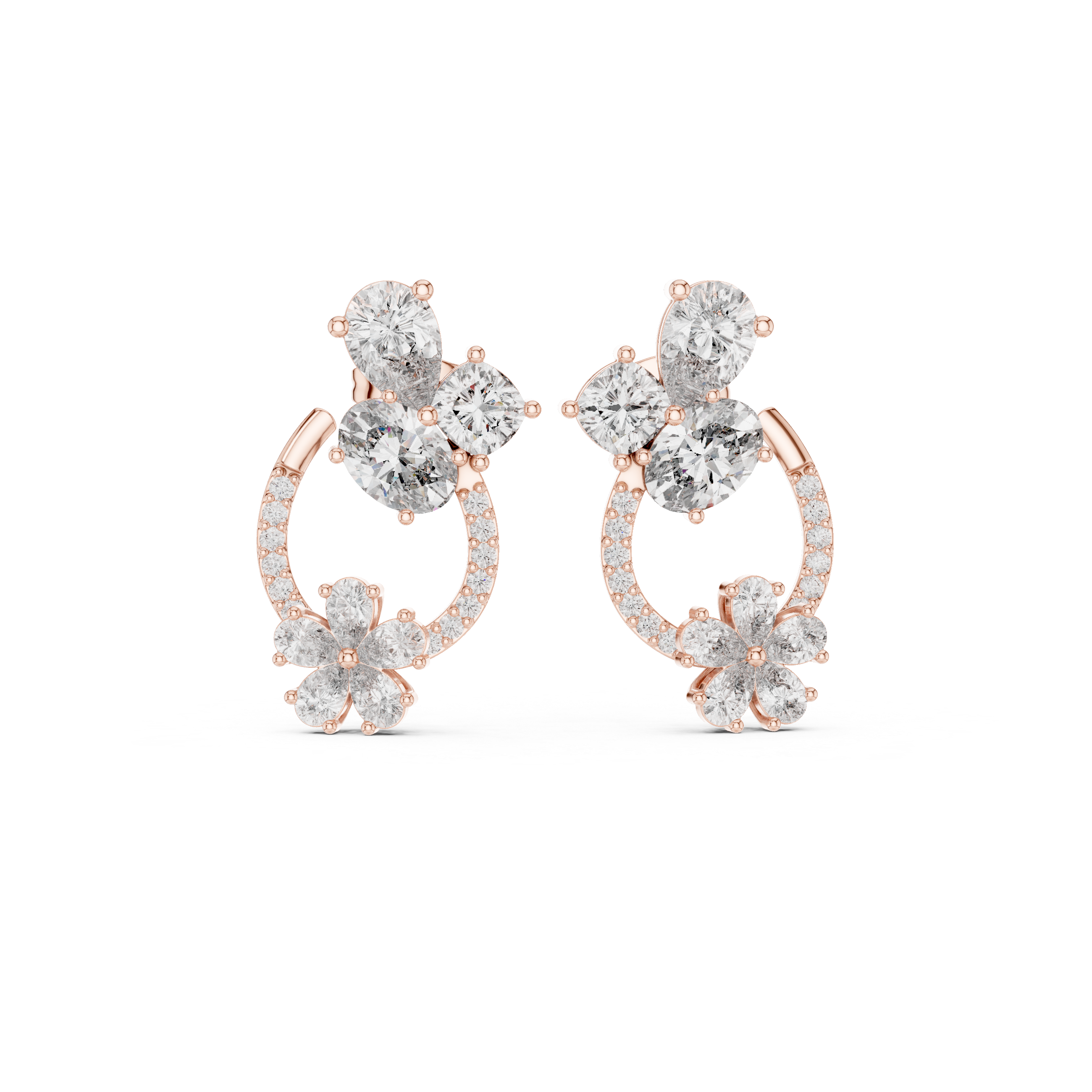 Rose Gold Pear Diamond Cluster & Curved Pave Floral Jacket Stud Earrings