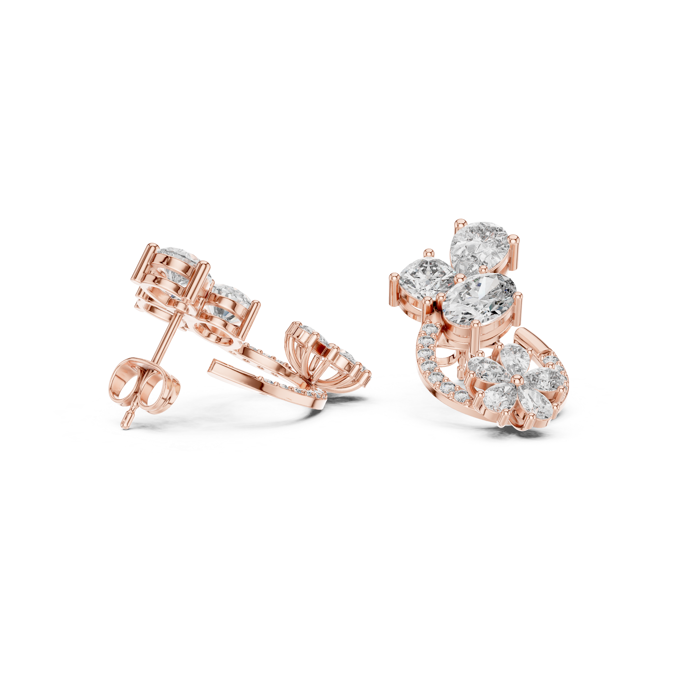 Rose Gold Pear Diamond Cluster & Curved Pave Floral Jacket Stud Earrings