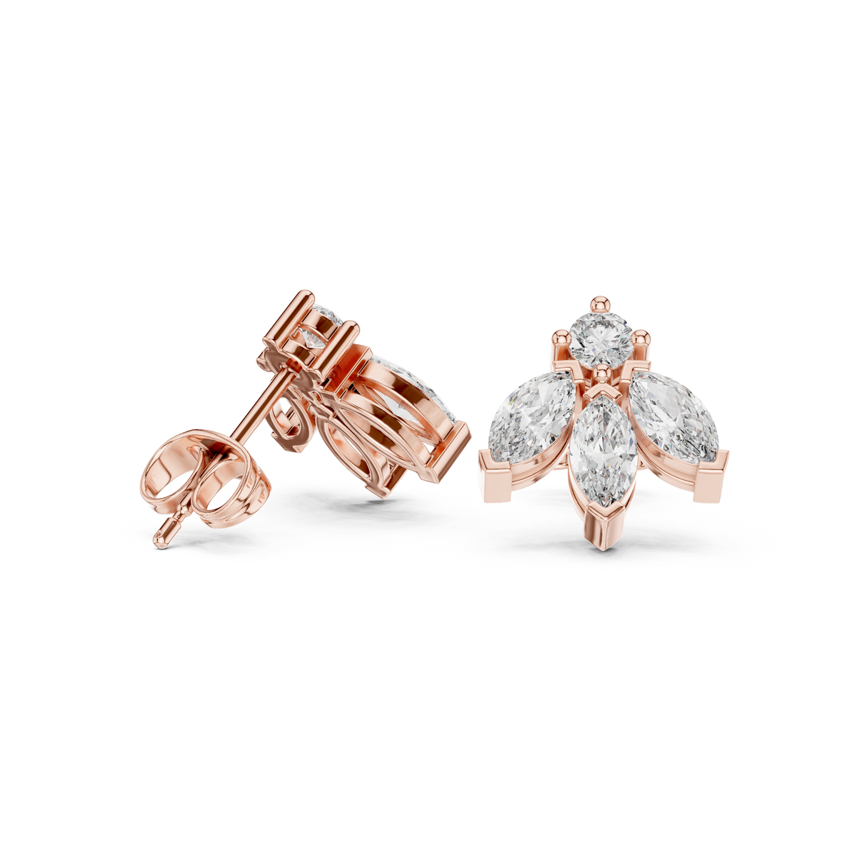 Rose Gold Marquise Leaf Cluster Diamond Stud Earrings
