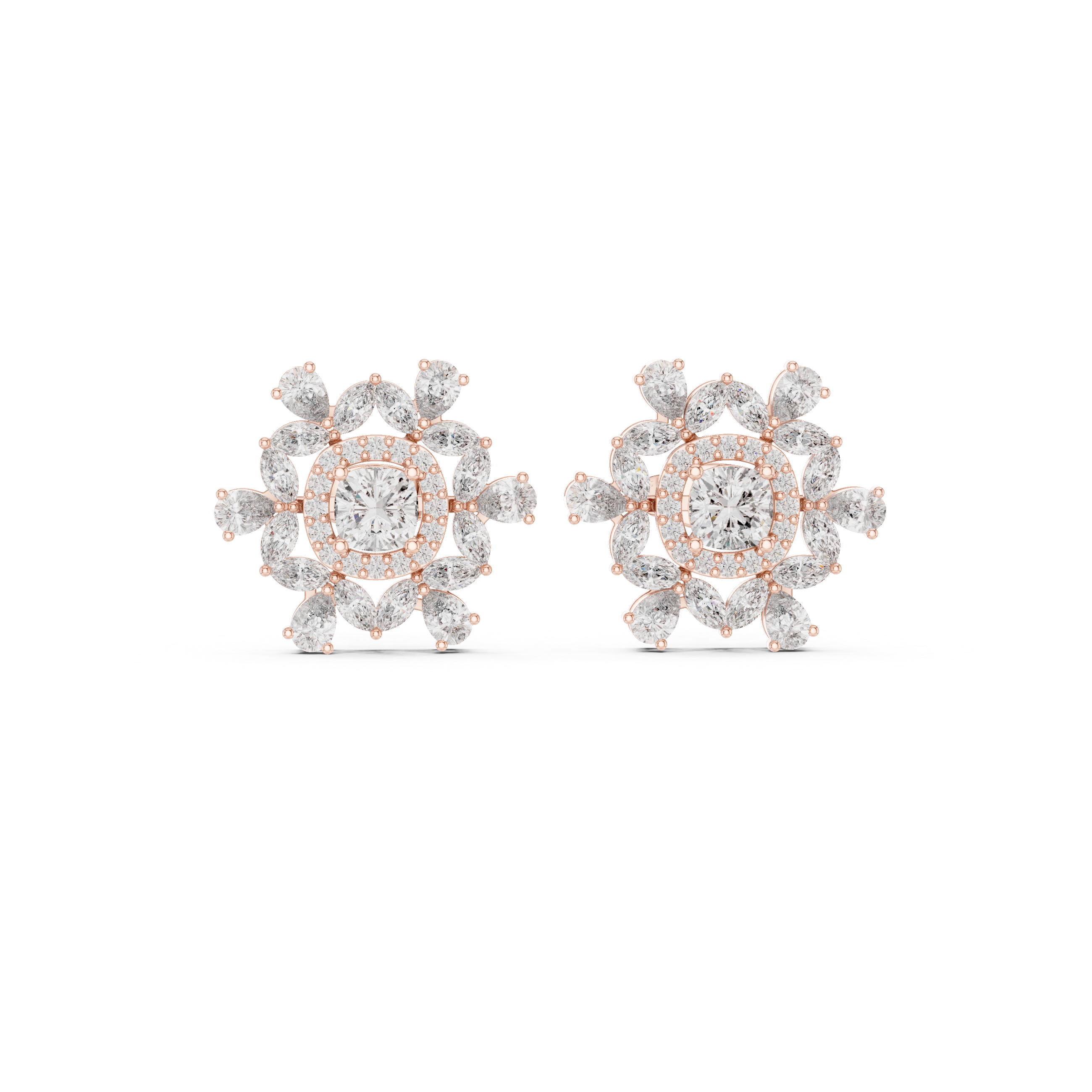 Rose Gold Solitaire Halo & Marquise Cluster Stud Earrings