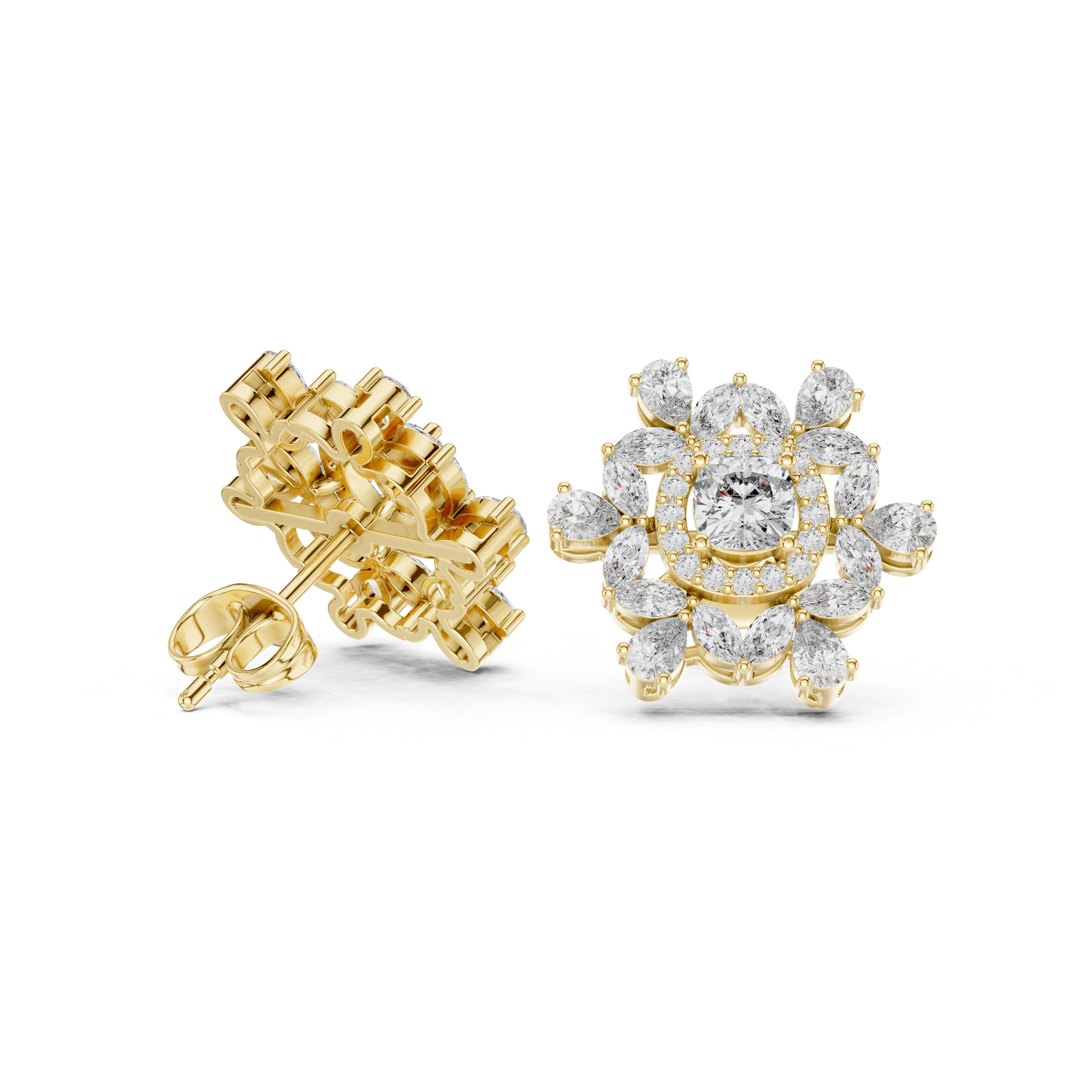 Rose Gold Solitaire Halo & Marquise Cluster Stud Earrings