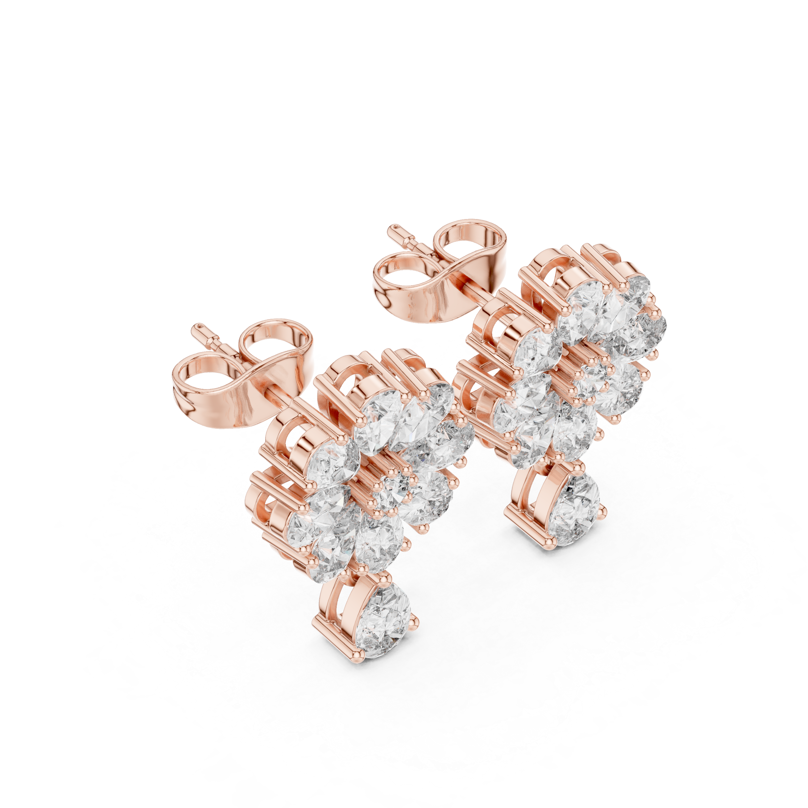 Rose Gold Pear Diamond Sunflower Bloom & Drop Stud Earrings