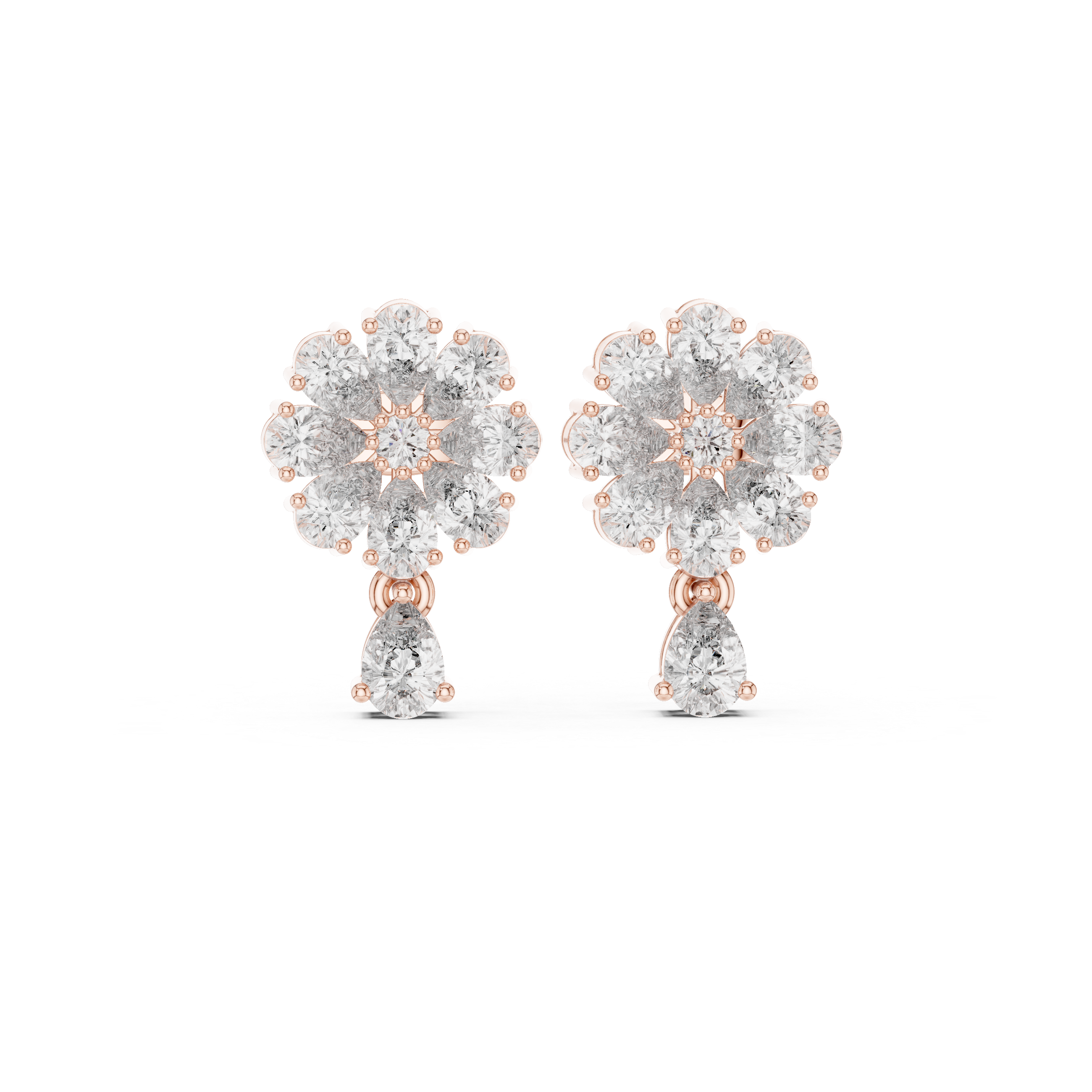 Rose Gold Pear Diamond Sunflower Bloom & Drop Stud Earrings