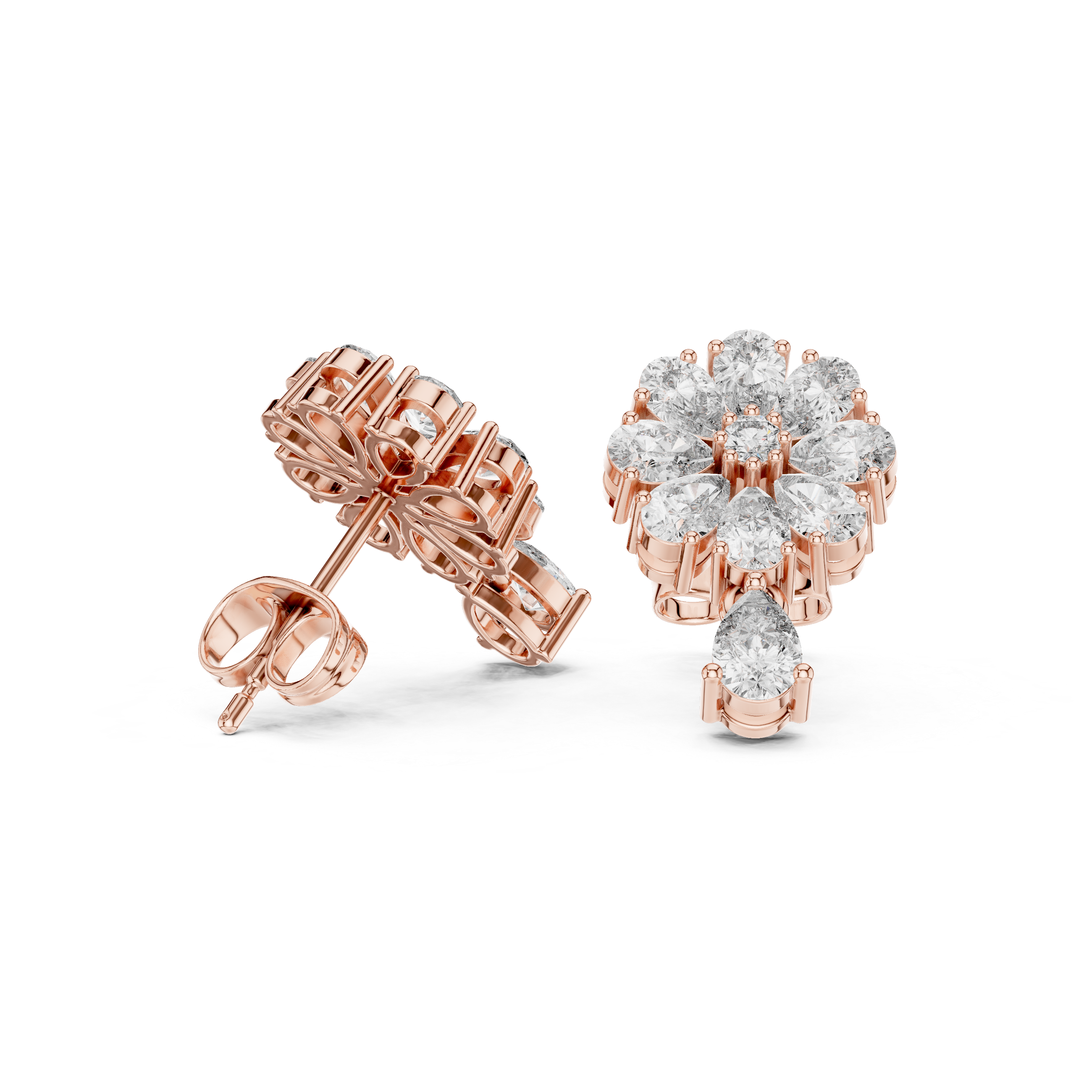 Rose Gold Pear Diamond Sunflower Bloom & Drop Stud Earrings