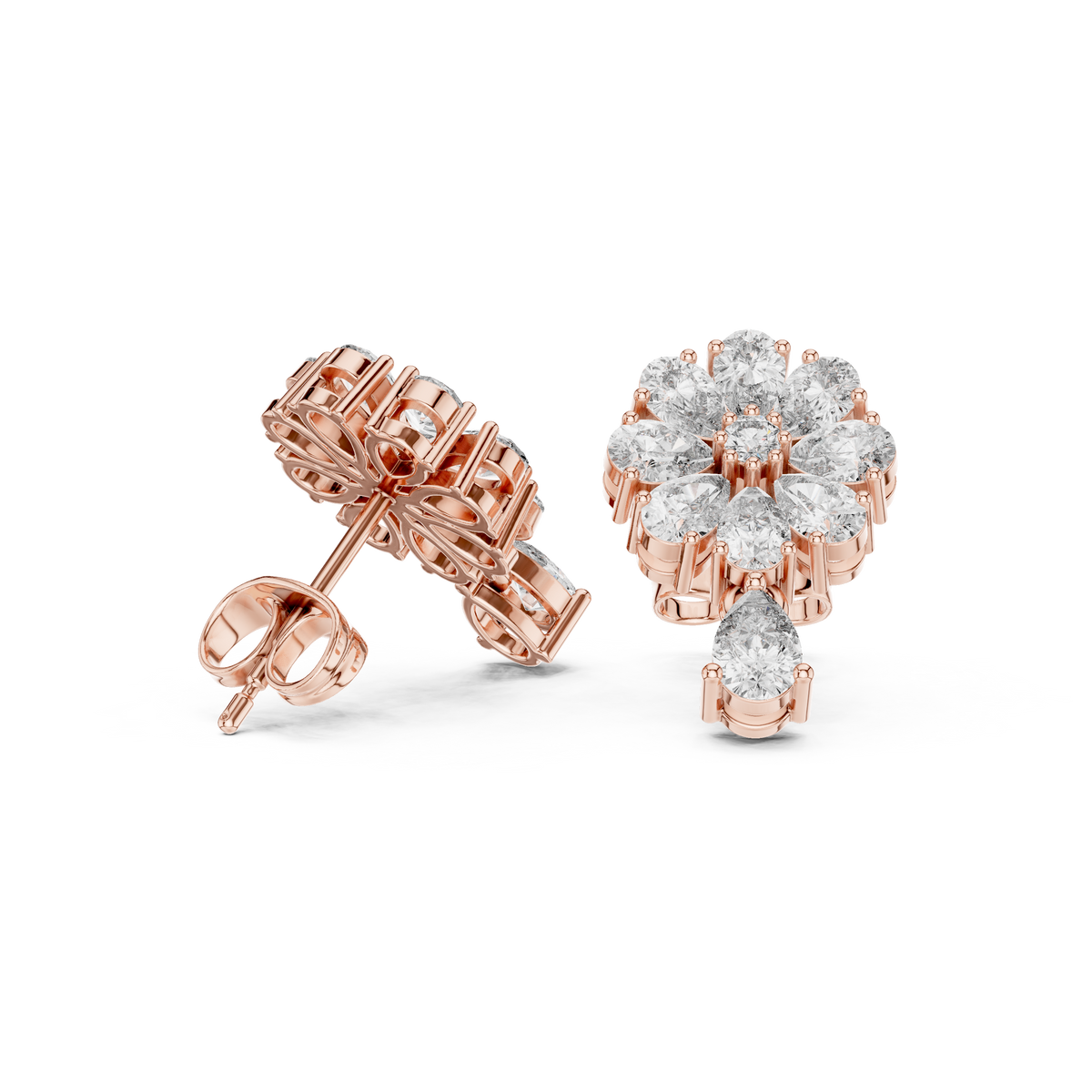 Rose Gold Pear Diamond Sunflower Bloom & Drop Stud Earrings