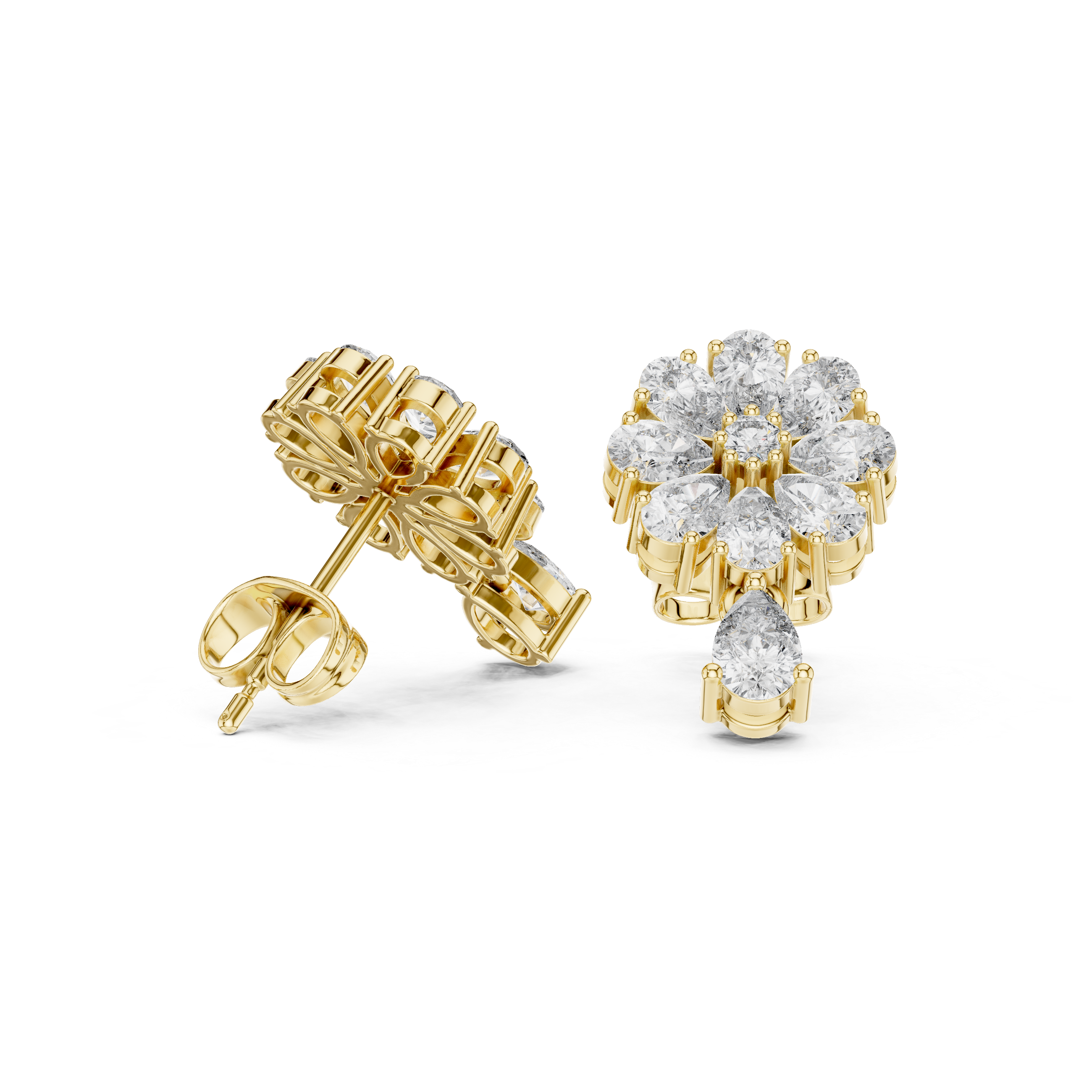 Rose Gold Pear Diamond Sunflower Bloom & Drop Stud Earrings