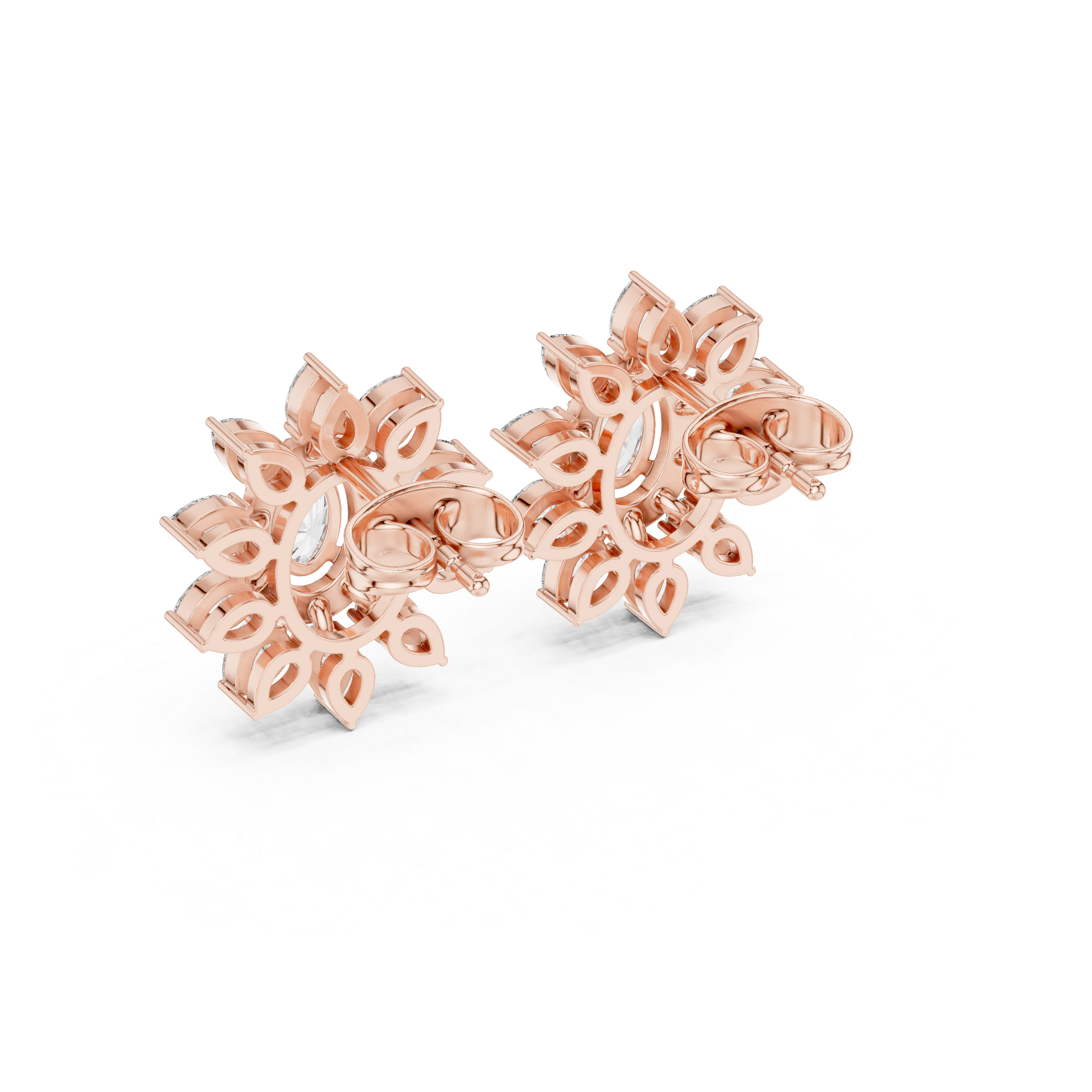 Rose Gold Oval Diamond Halo Floral Starburst Stud Earrings