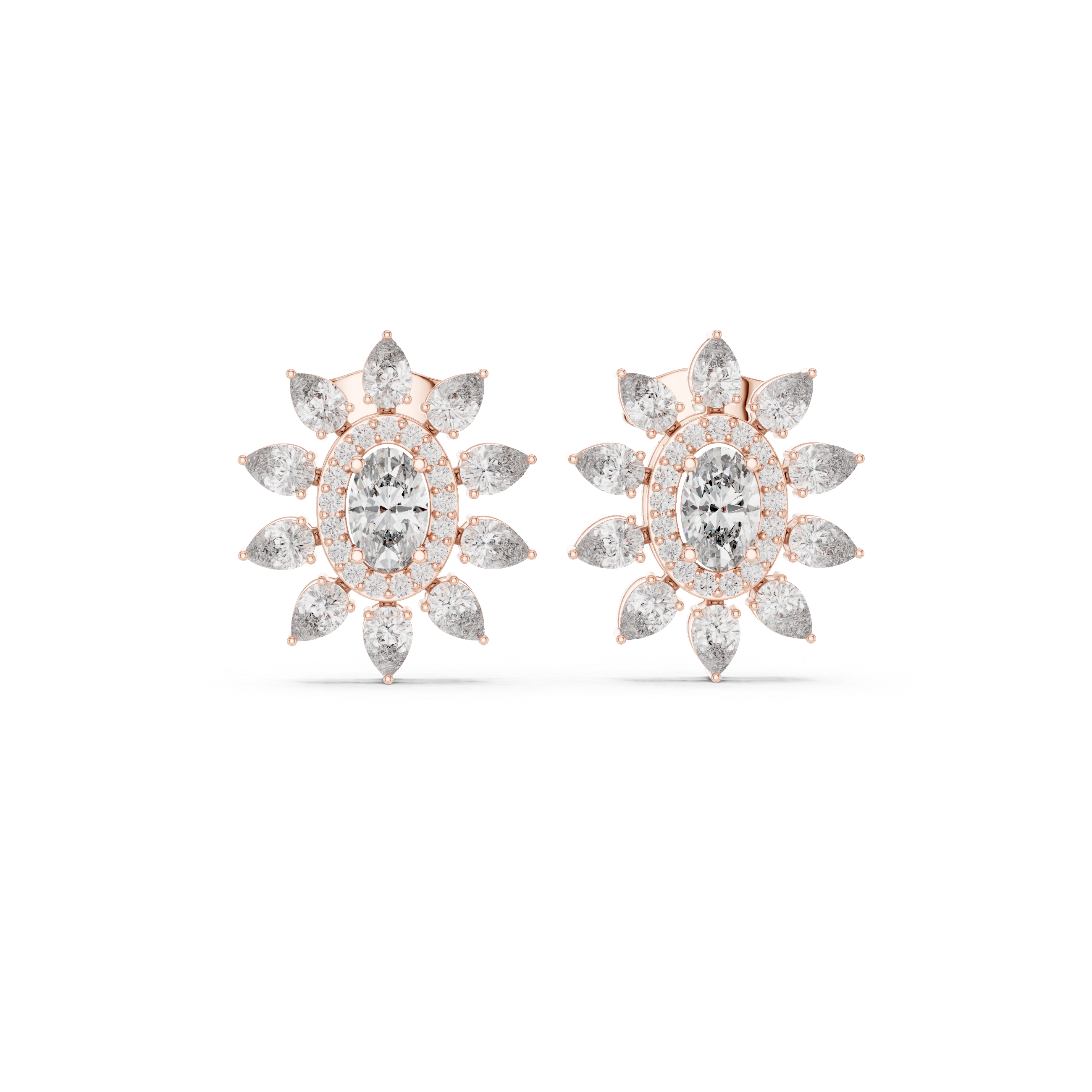 Rose Gold Oval Diamond Halo Floral Starburst Stud Earrings