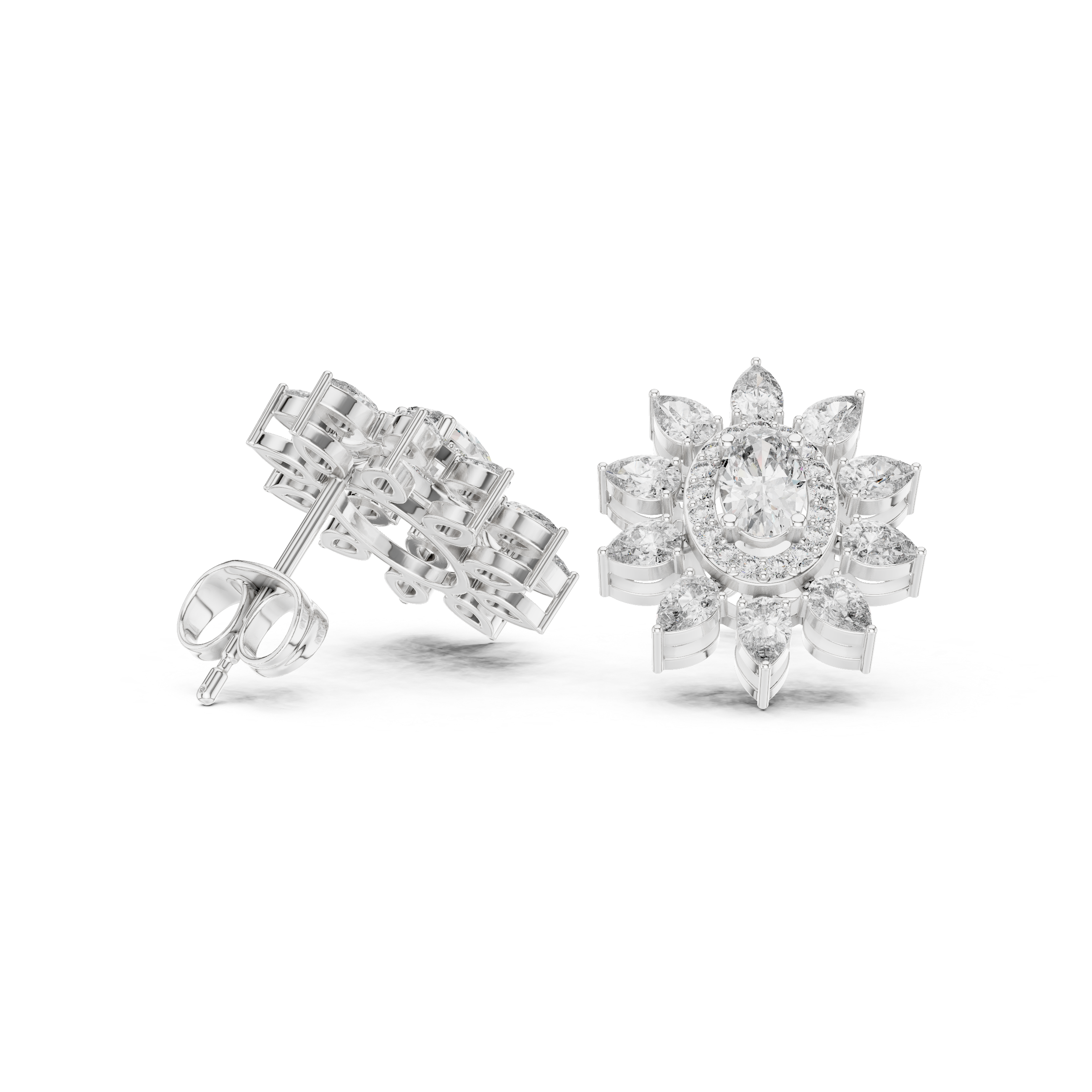Rose Gold Oval Diamond Halo Floral Starburst Stud Earrings