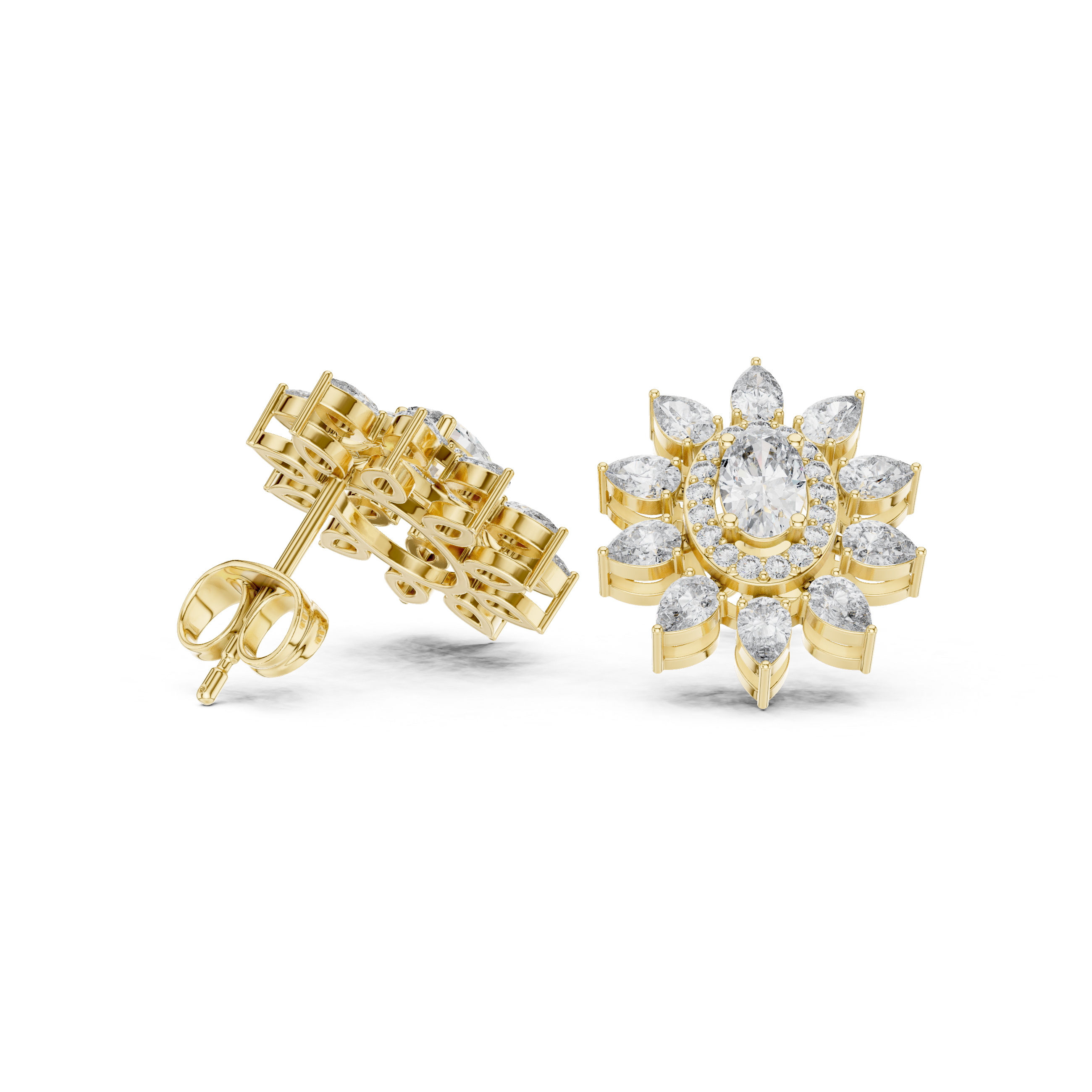 Rose Gold Oval Diamond Halo Floral Starburst Stud Earrings