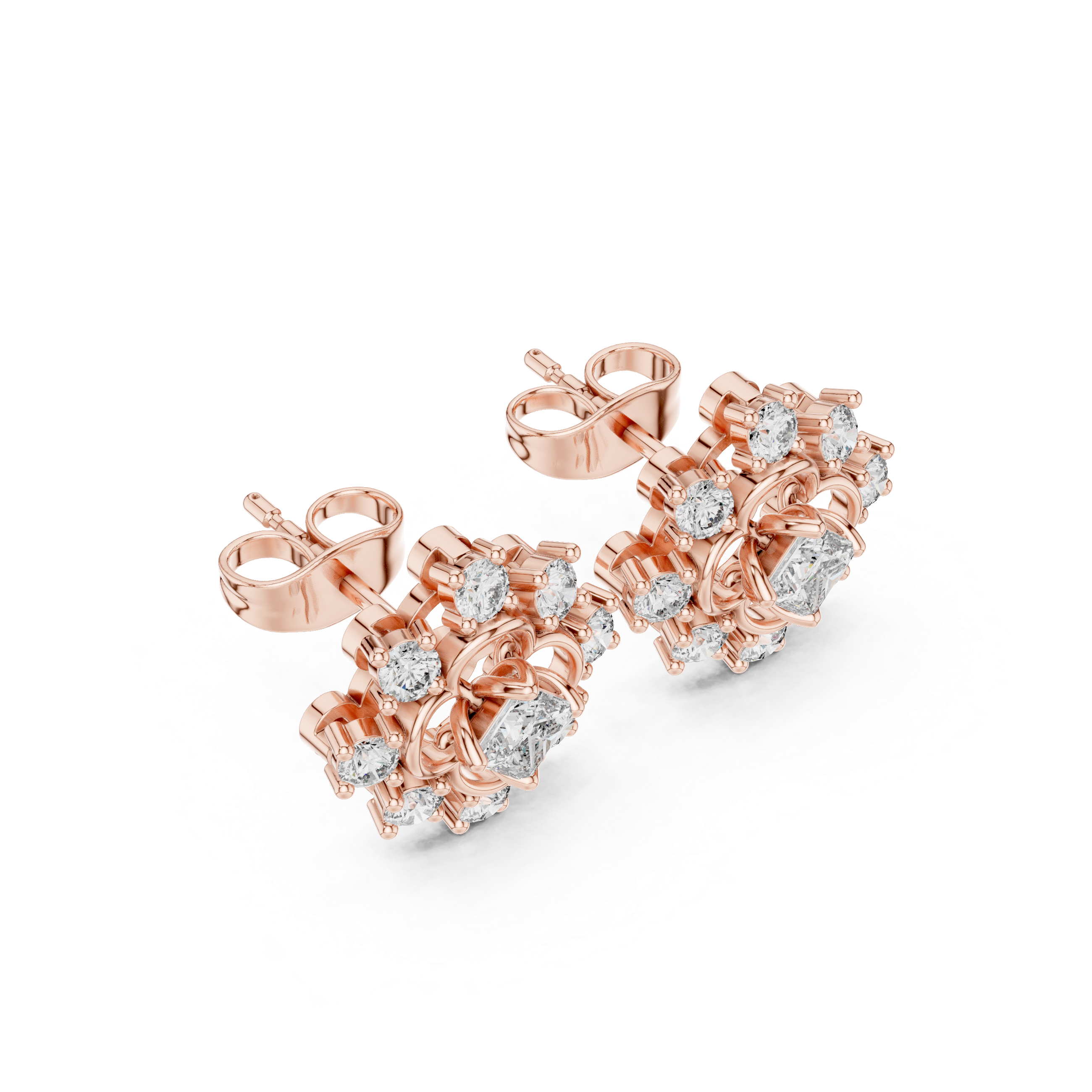 Rose Gold Cushion Cut Diamond Floral Clover Starburst Stud Earrings