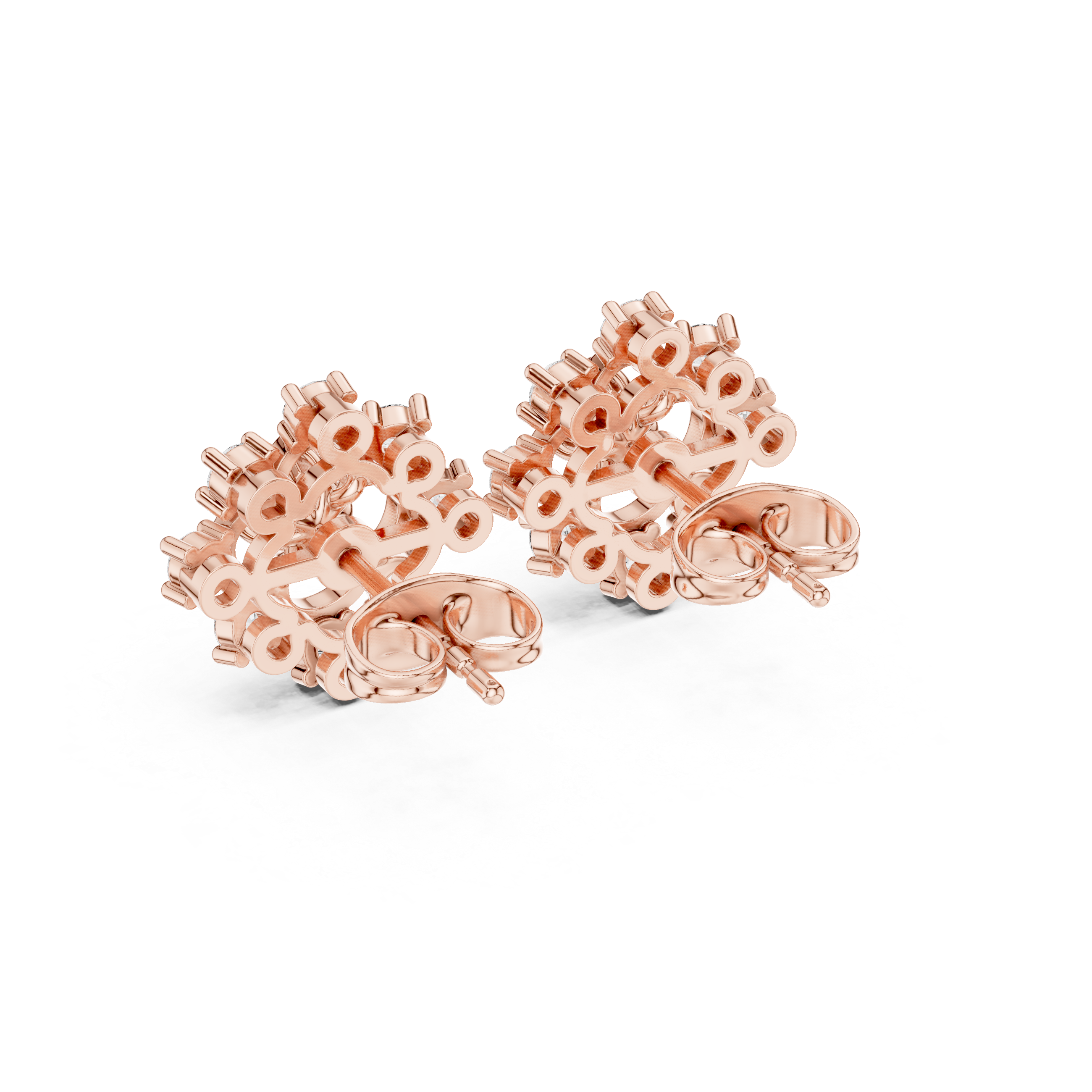 Rose Gold Cushion Cut Diamond Floral Clover Starburst Stud Earrings
