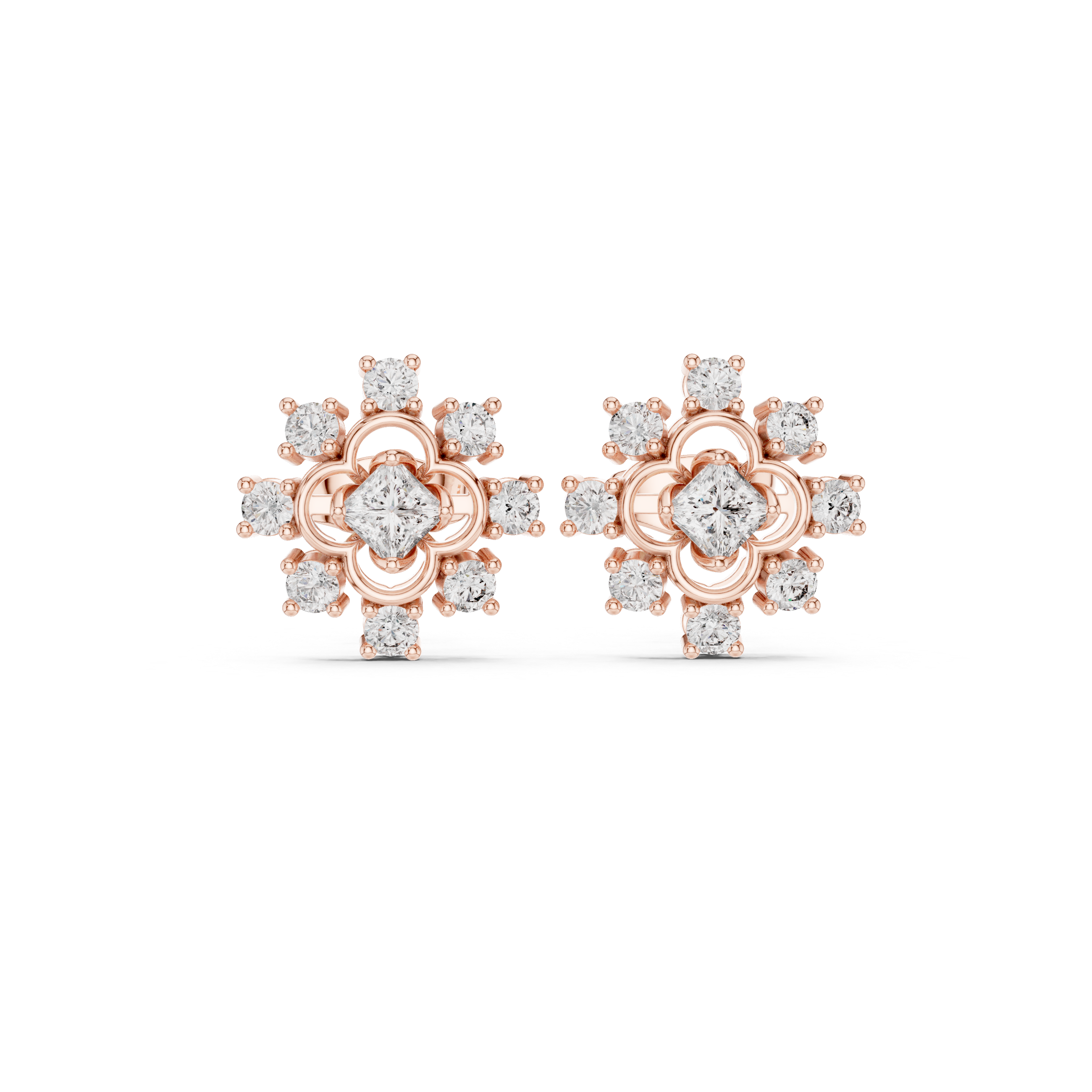 Rose Gold Cushion Cut Diamond Floral Clover Starburst Stud Earrings
