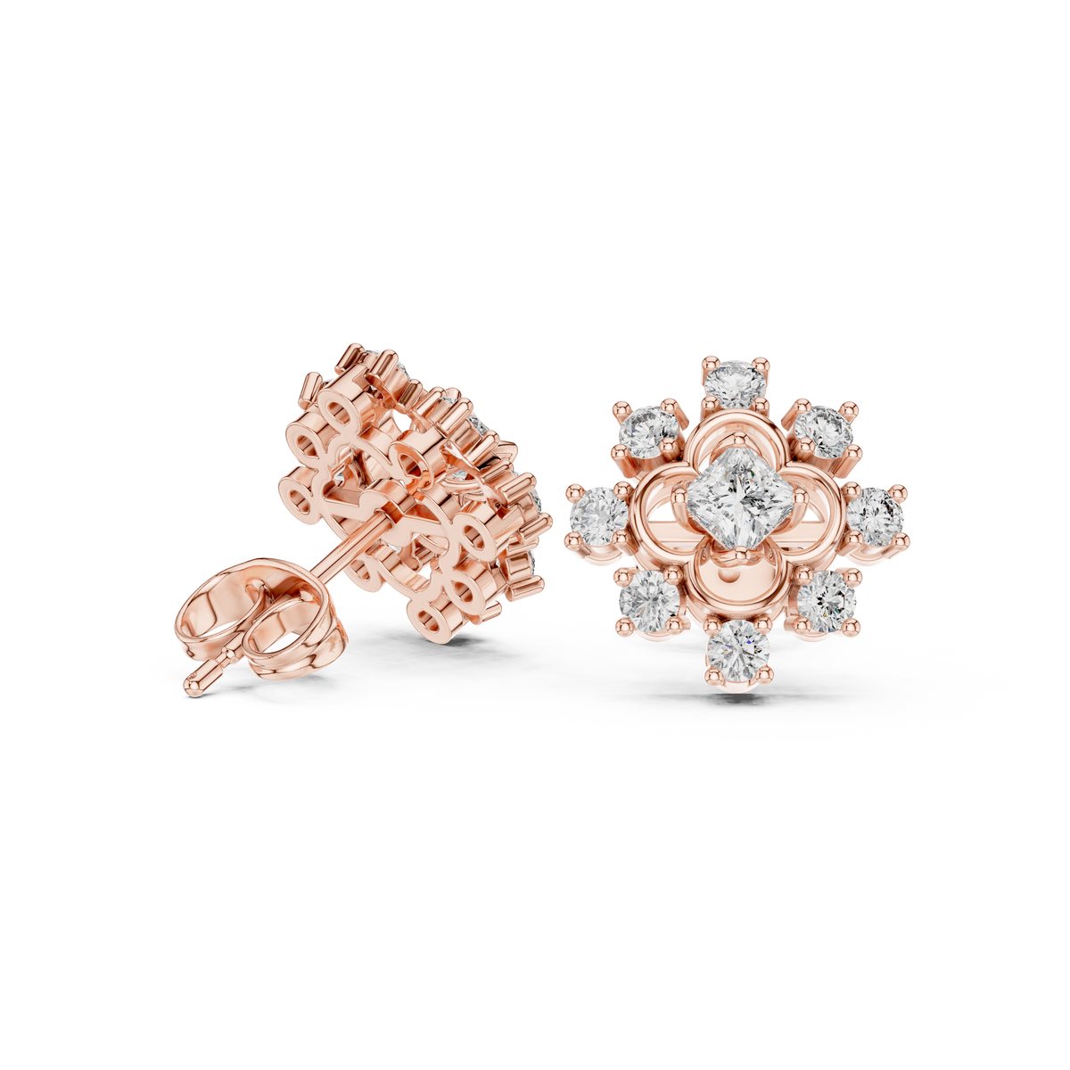 Rose Gold Cushion Cut Diamond Floral Clover Starburst Stud Earrings