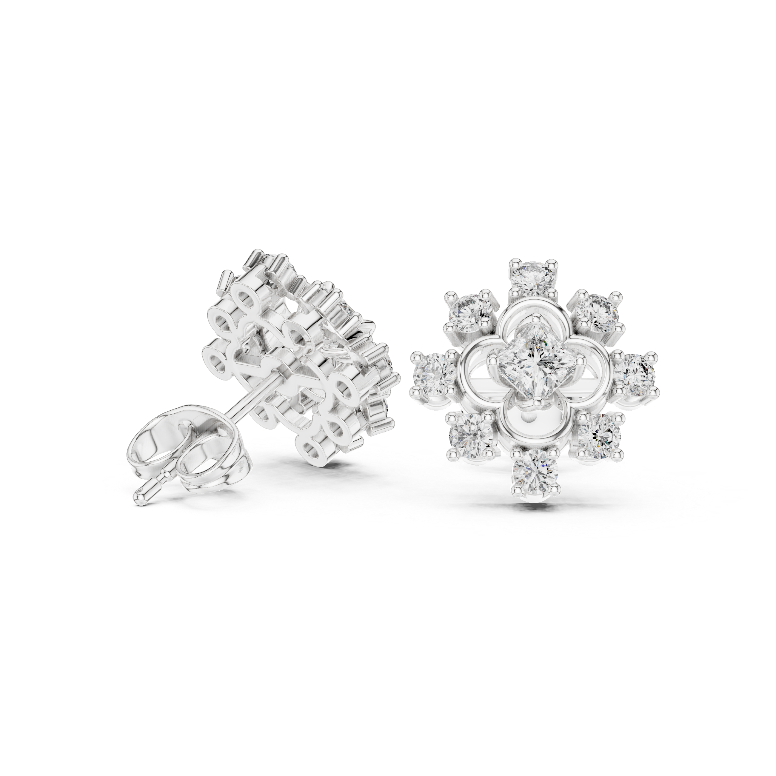 Rose Gold Cushion Cut Diamond Floral Clover Starburst Stud Earrings