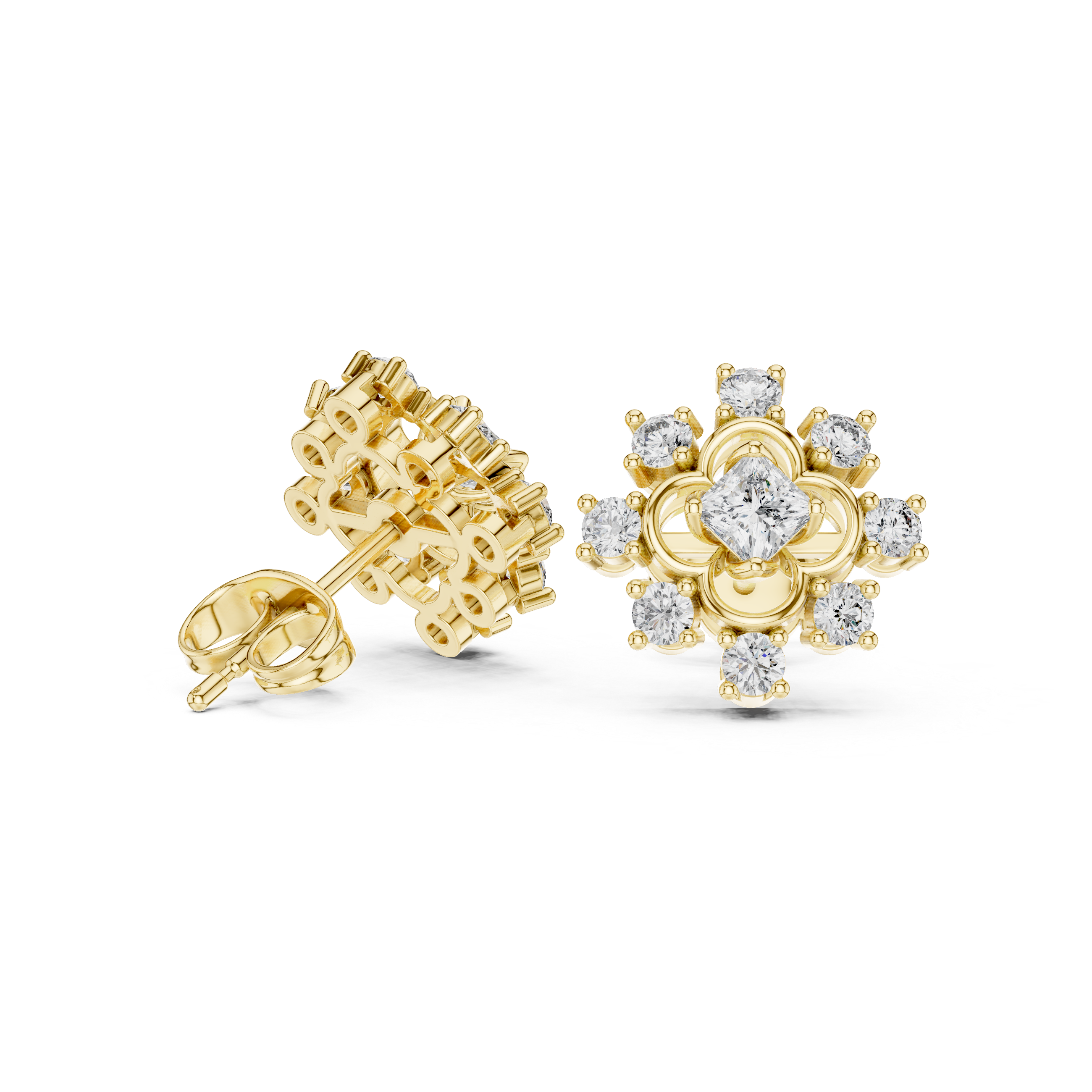 Rose Gold Cushion Cut Diamond Floral Clover Starburst Stud Earrings