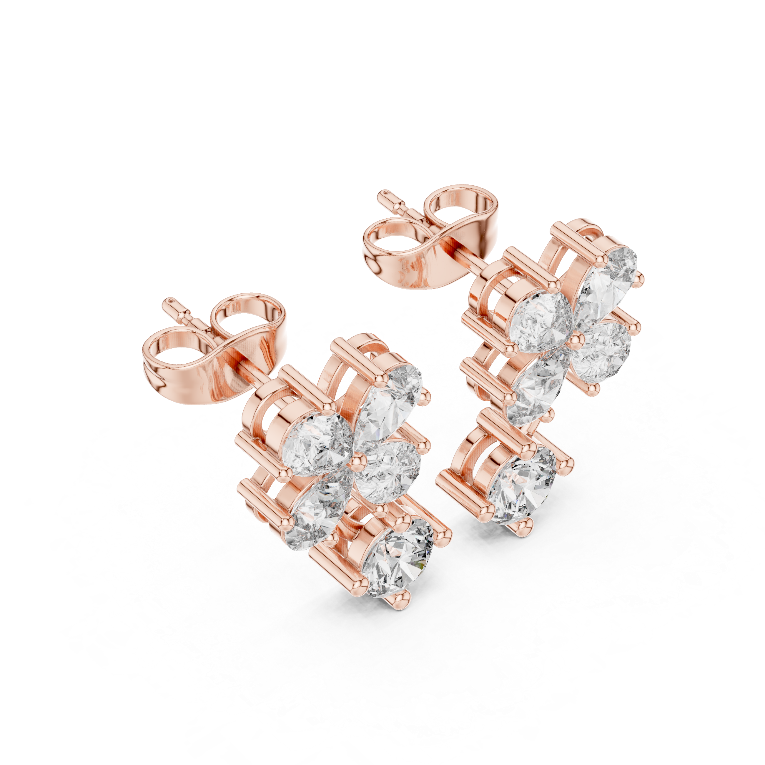 Rose Gold Pear Diamond Four-Petal Flower & Round Solitaire Drop Stud Earrings