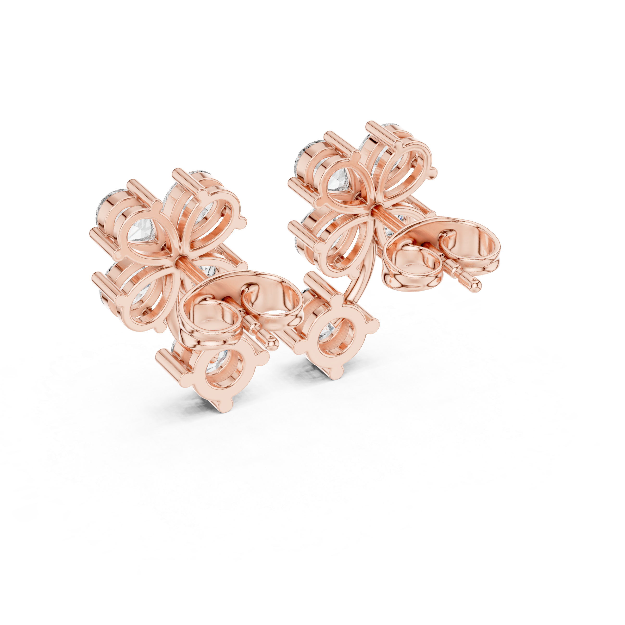 Rose Gold Pear Diamond Four-Petal Flower & Round Solitaire Drop Stud Earrings