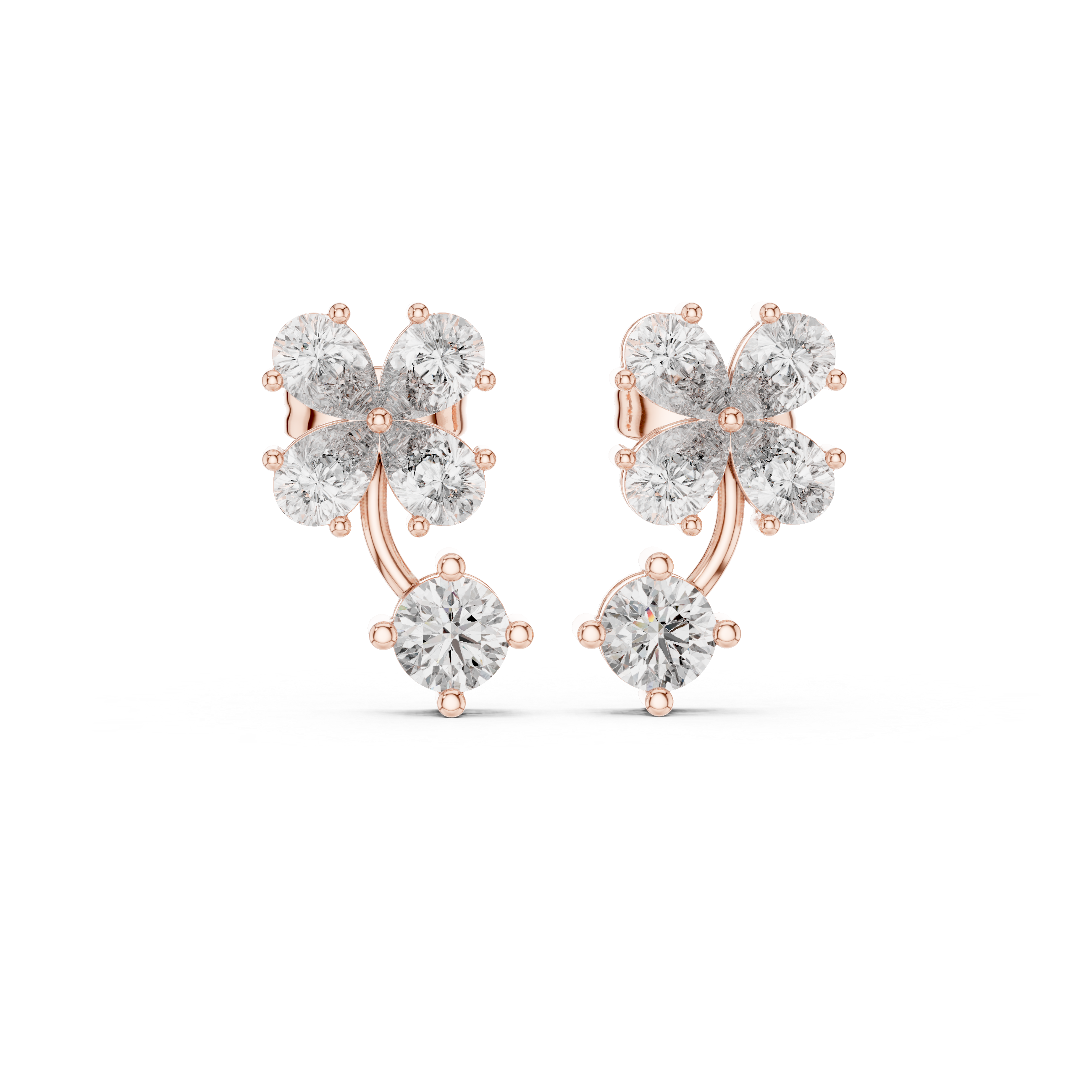 Rose Gold Pear Diamond Four-Petal Flower & Round Solitaire Drop Stud Earrings